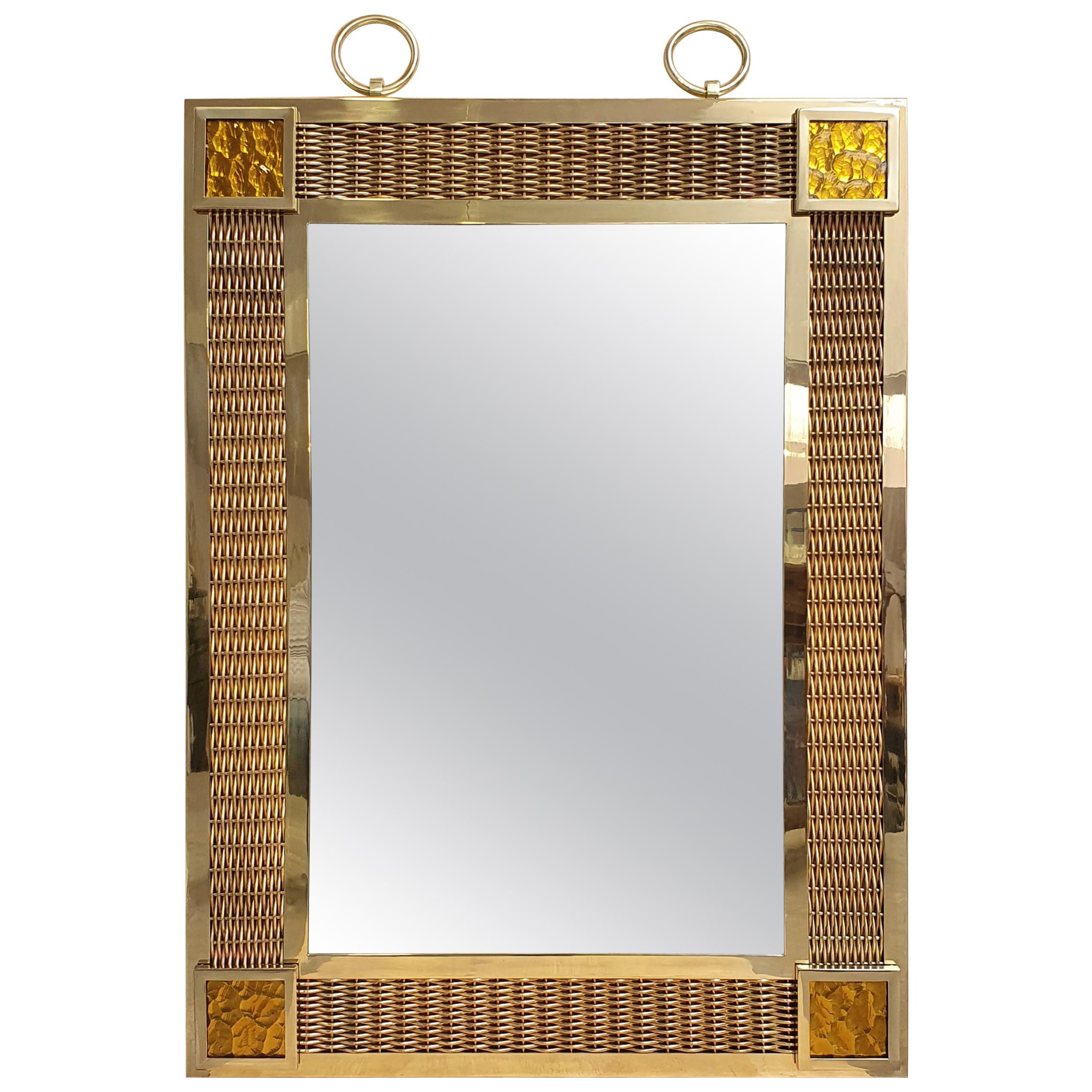 Bronze Braided Brass and Pâte de Verre Mirror For Sale