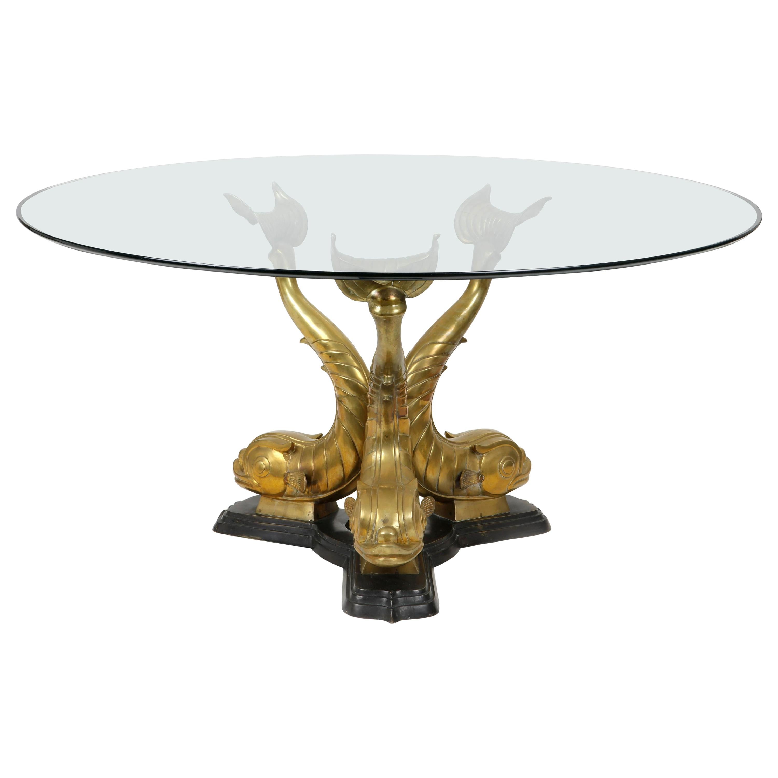 Bronze and Patinated Bronze Round Dolphin Table with Glass Top