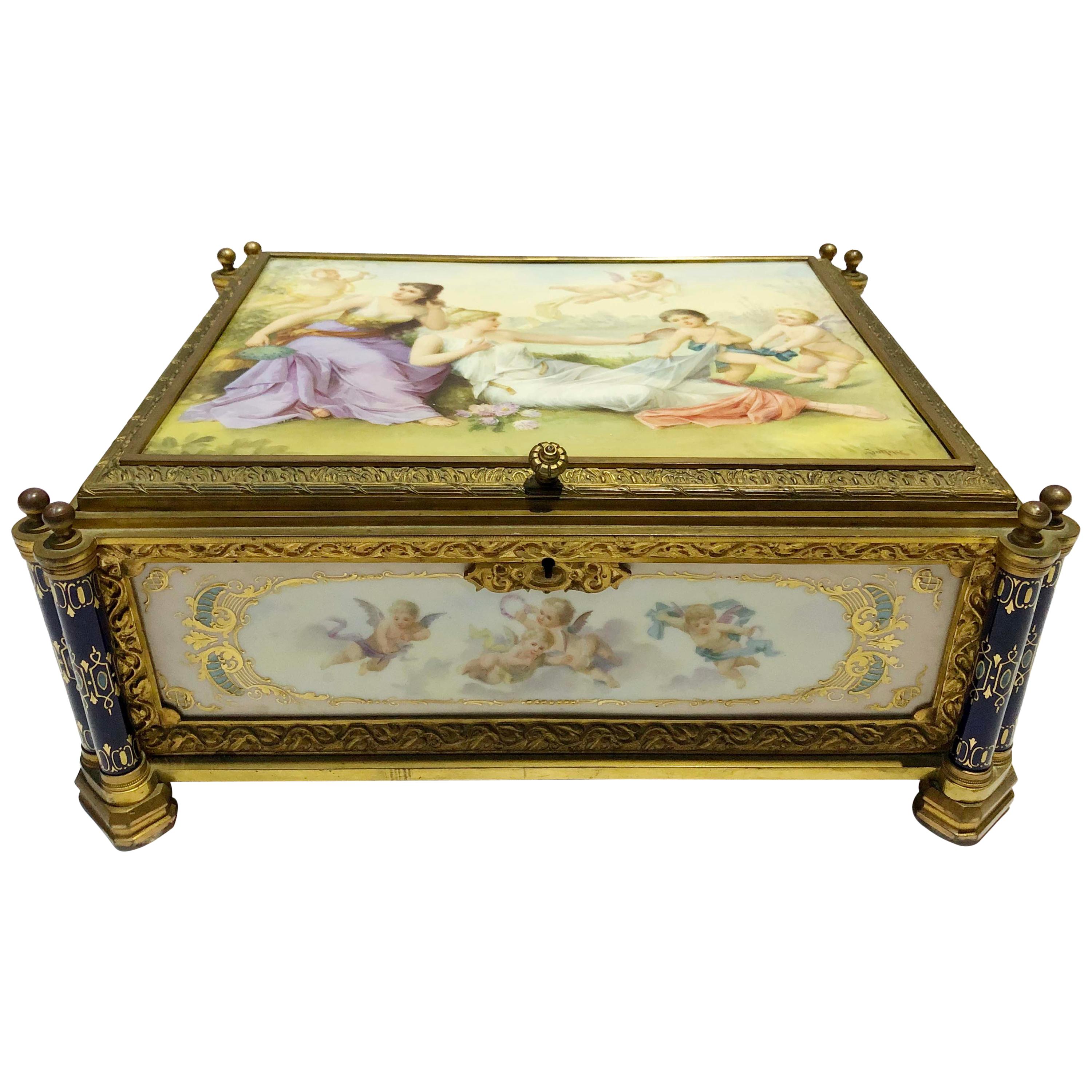 Bronze and Porcelain Jewelry Box, Porcelain Plaques Painted by Johner