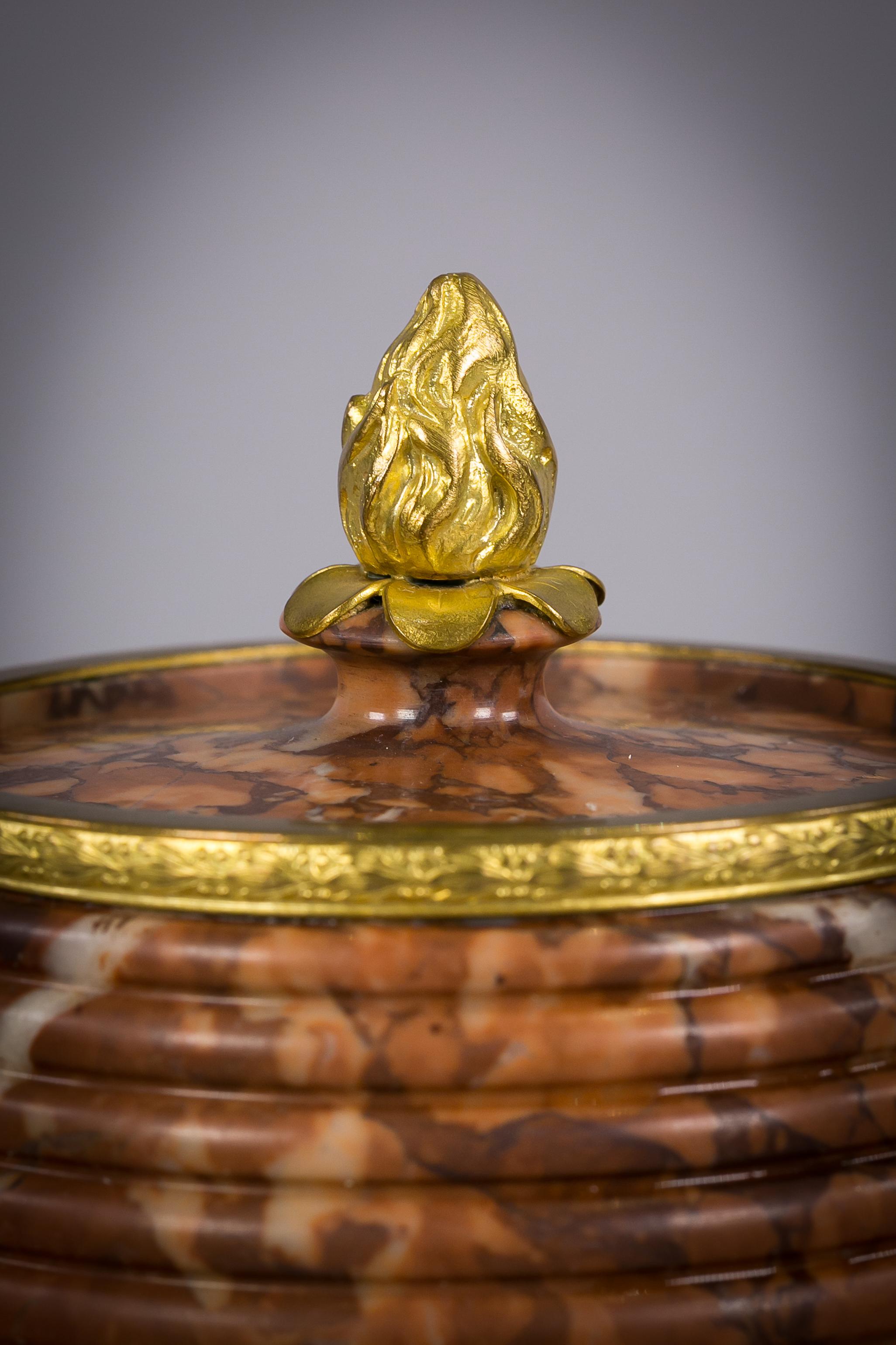 Bronze and Rouge marble barrel form canister, circa 1900.