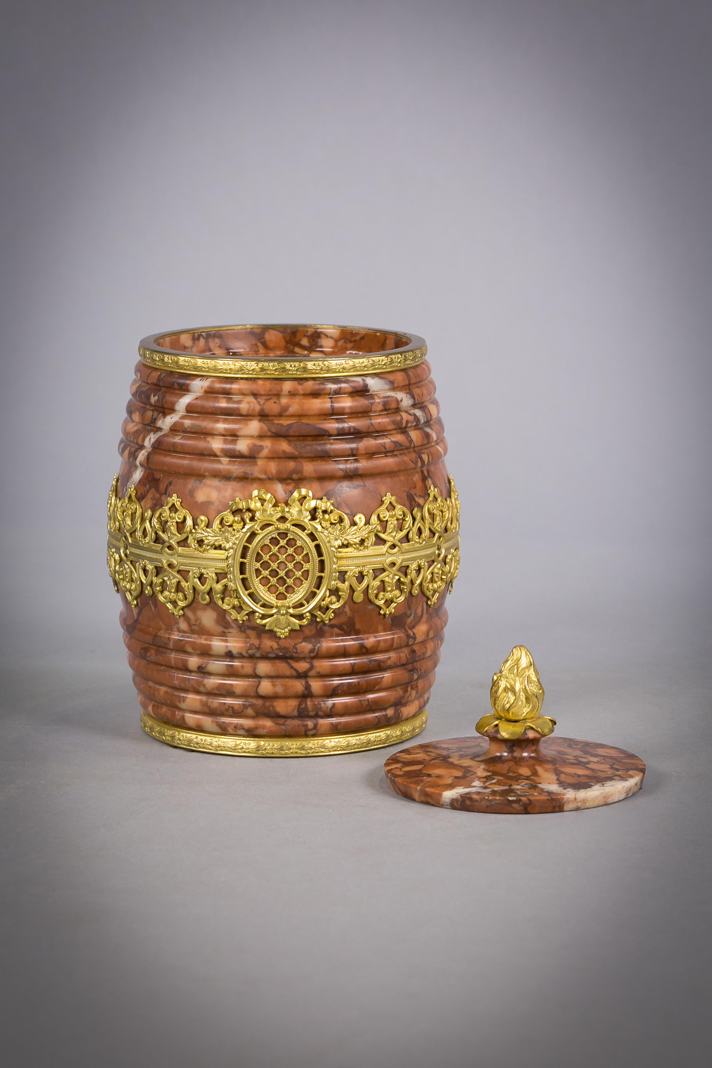 Bronze and Rouge Marble Barrel Form Canister, circa 1900 In Excellent Condition For Sale In New York, NY