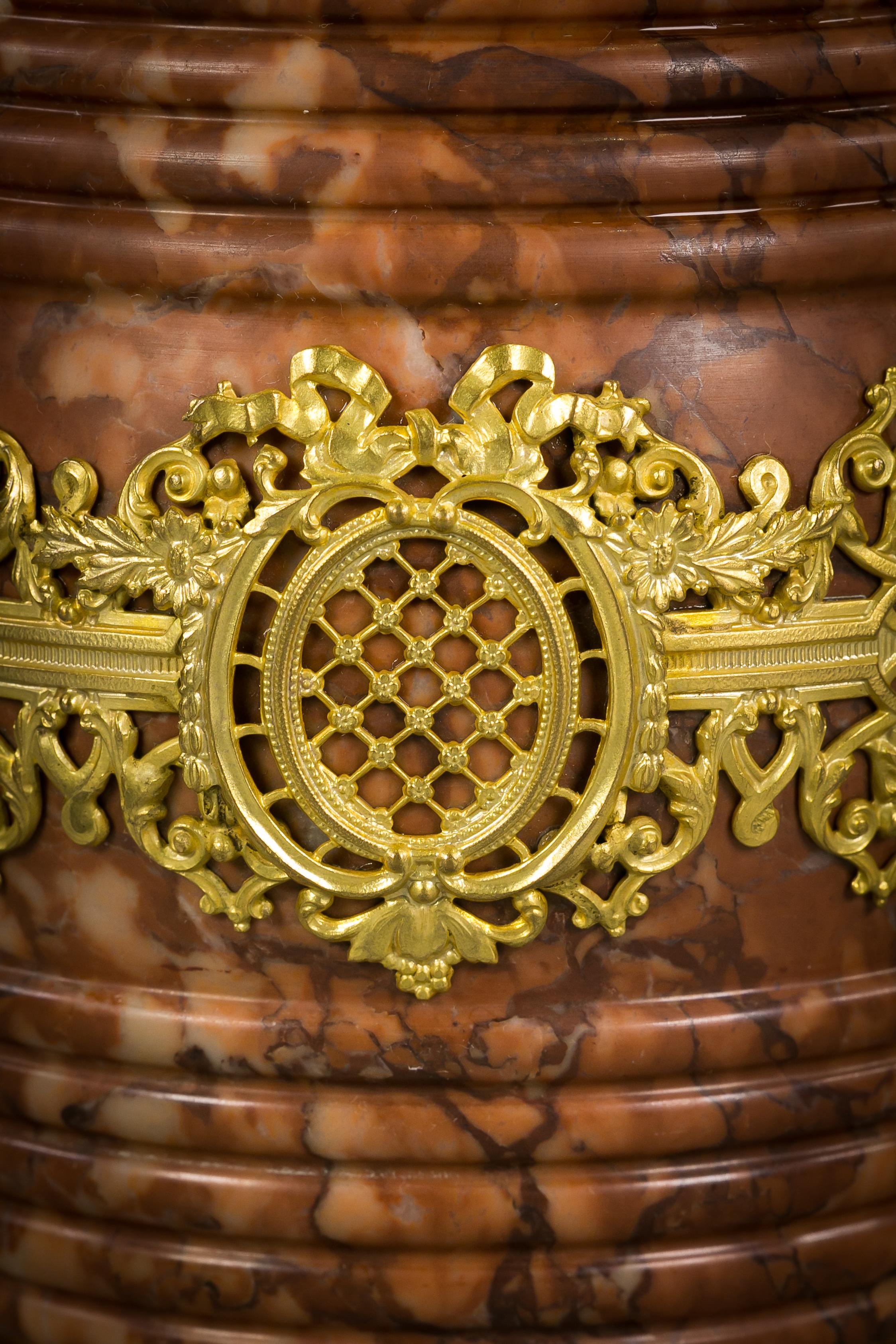 Early 20th Century Bronze and Rouge Marble Barrel Form Canister, circa 1900 For Sale