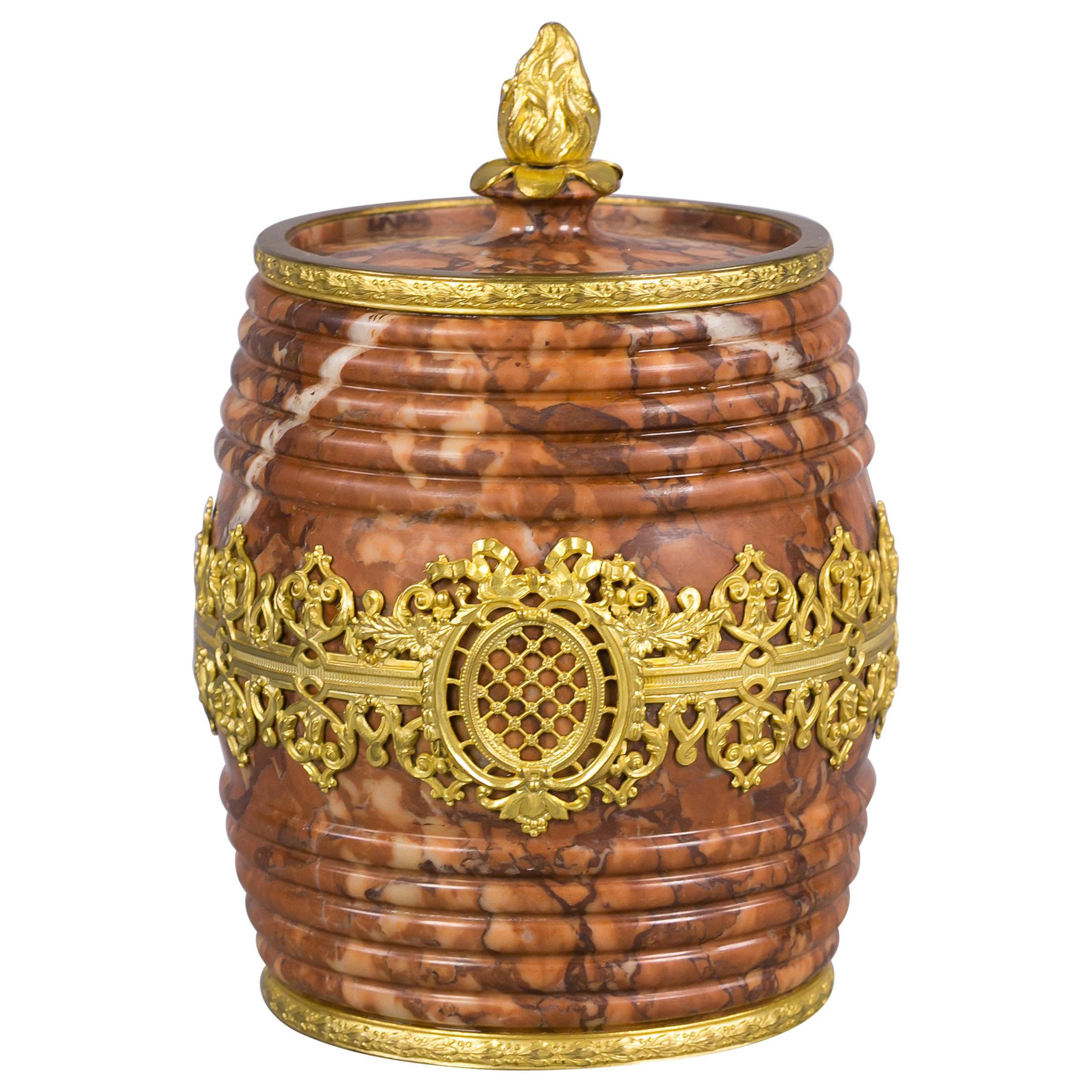 Bronze and Rouge Marble Barrel Form Canister, circa 1900