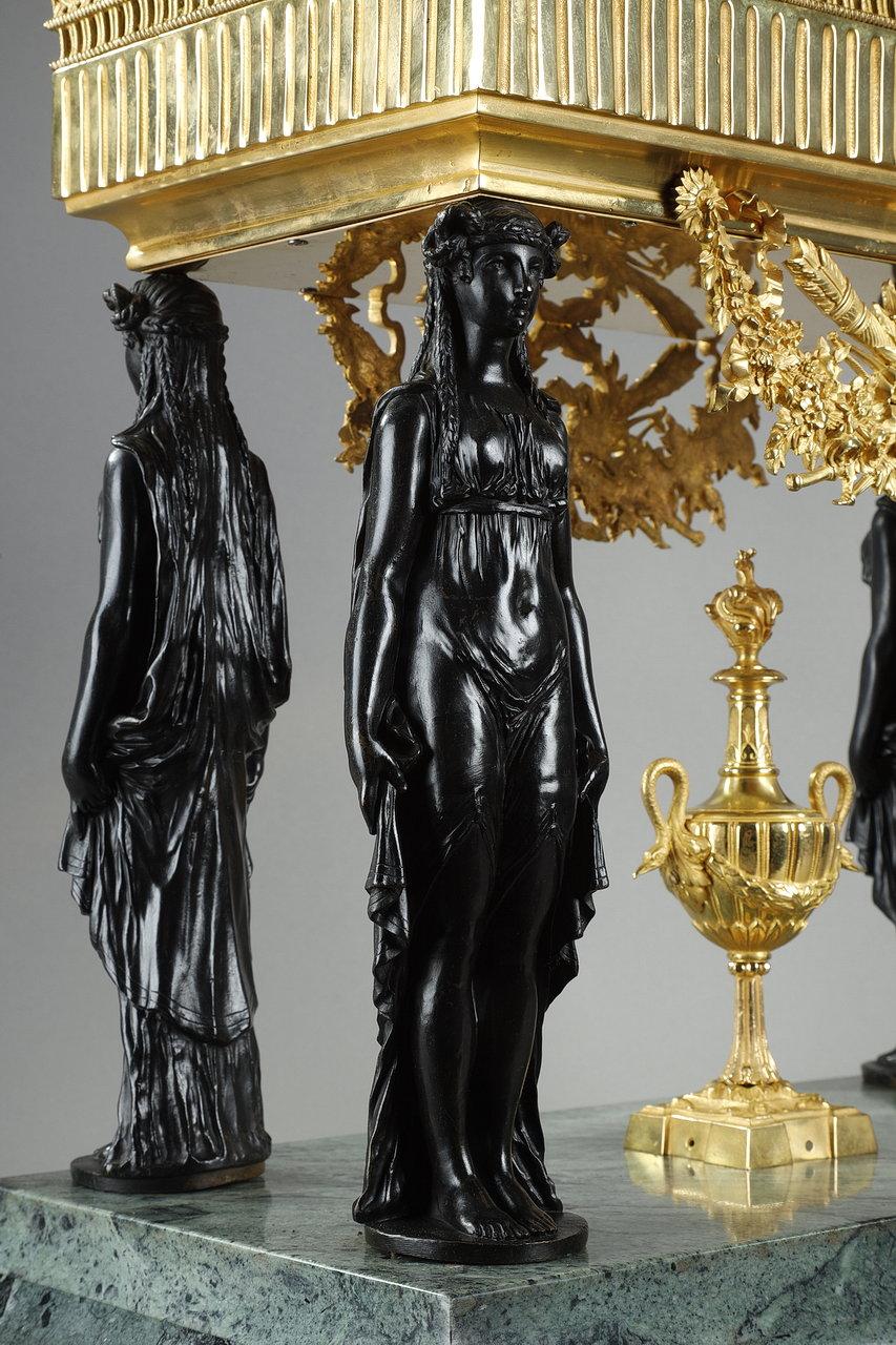 French Bronze and Sea-Green Marble Table Planter with Caryatids, Empire Style, 19thC For Sale