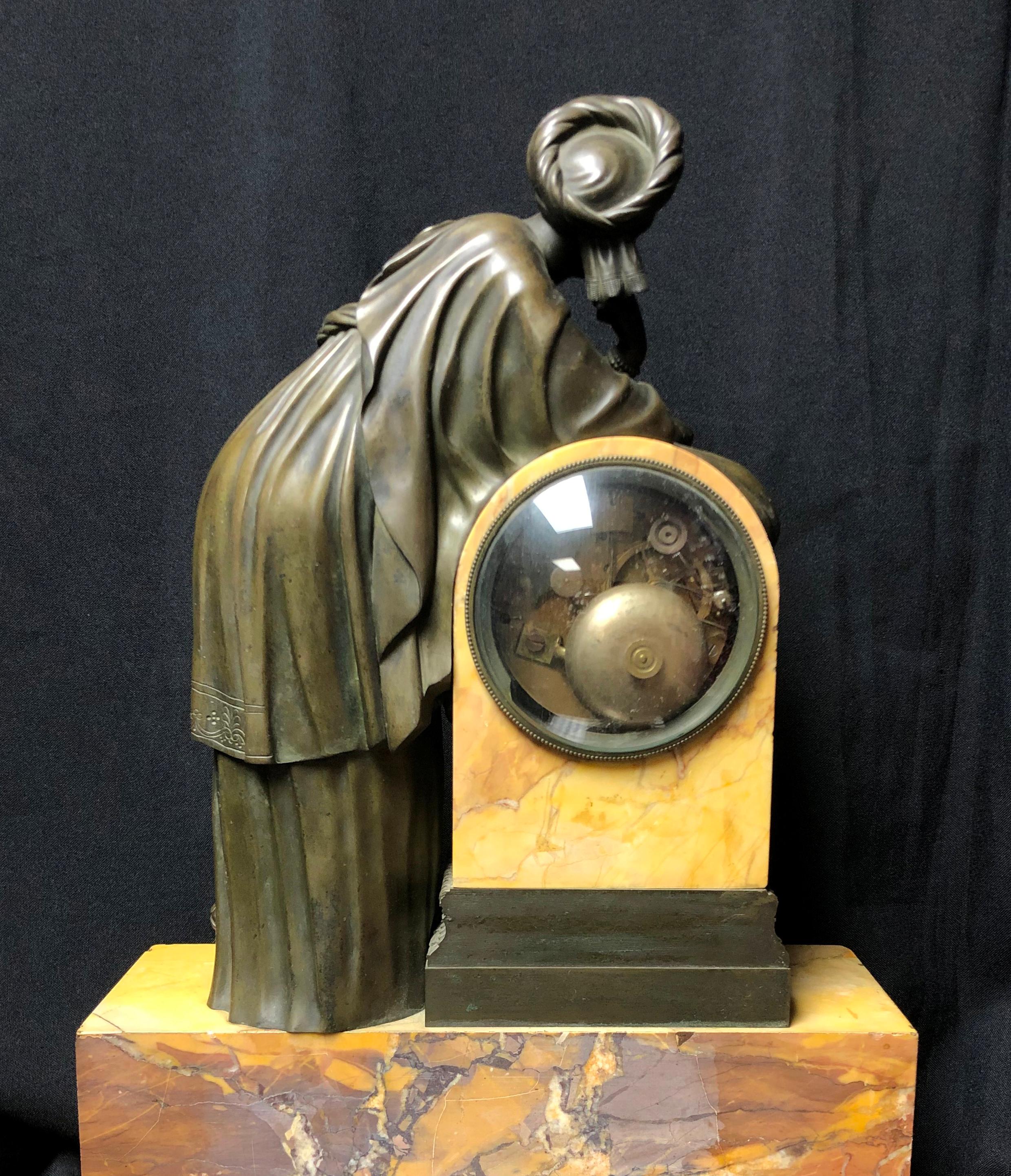 Bronze And Sienna Marble Clock, French Charles X In Good Condition For Sale In Cypress, CA