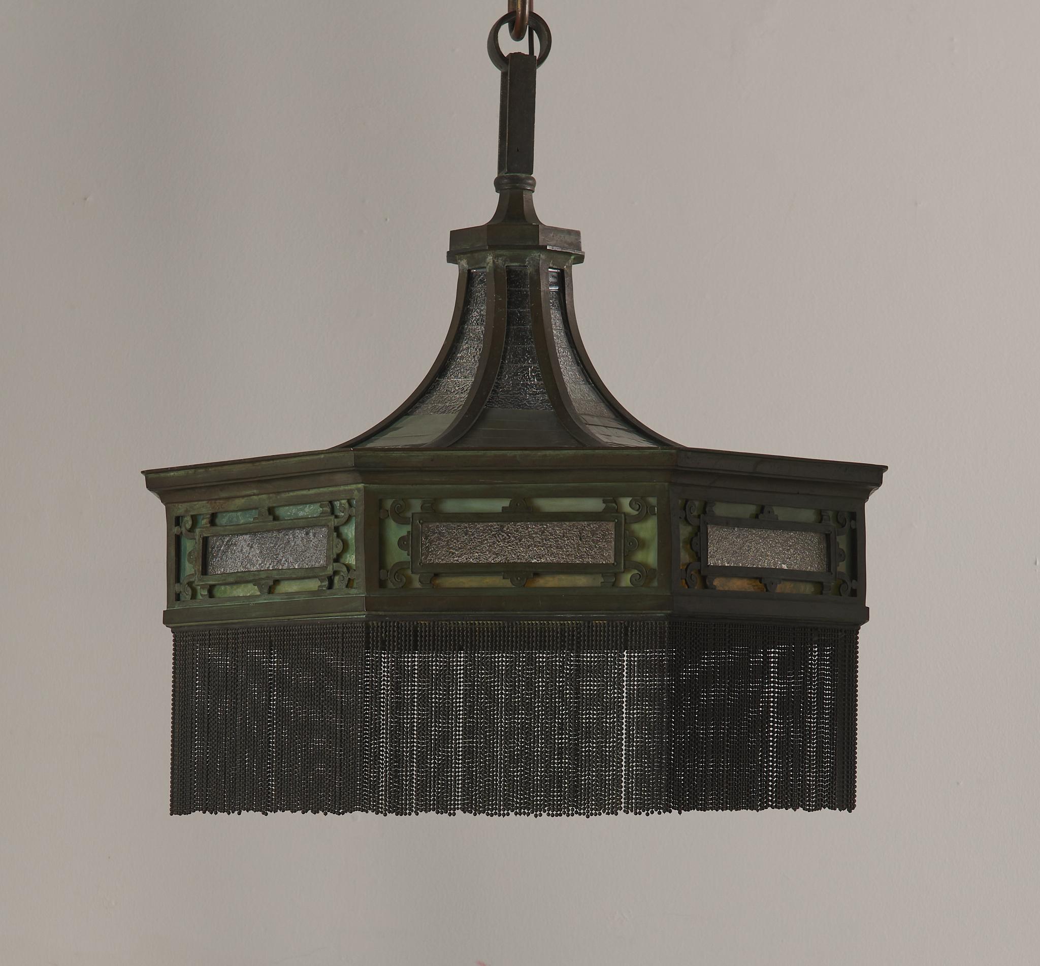 American Bronze and Stained Glass Craftsman Hanging Lamp c1900