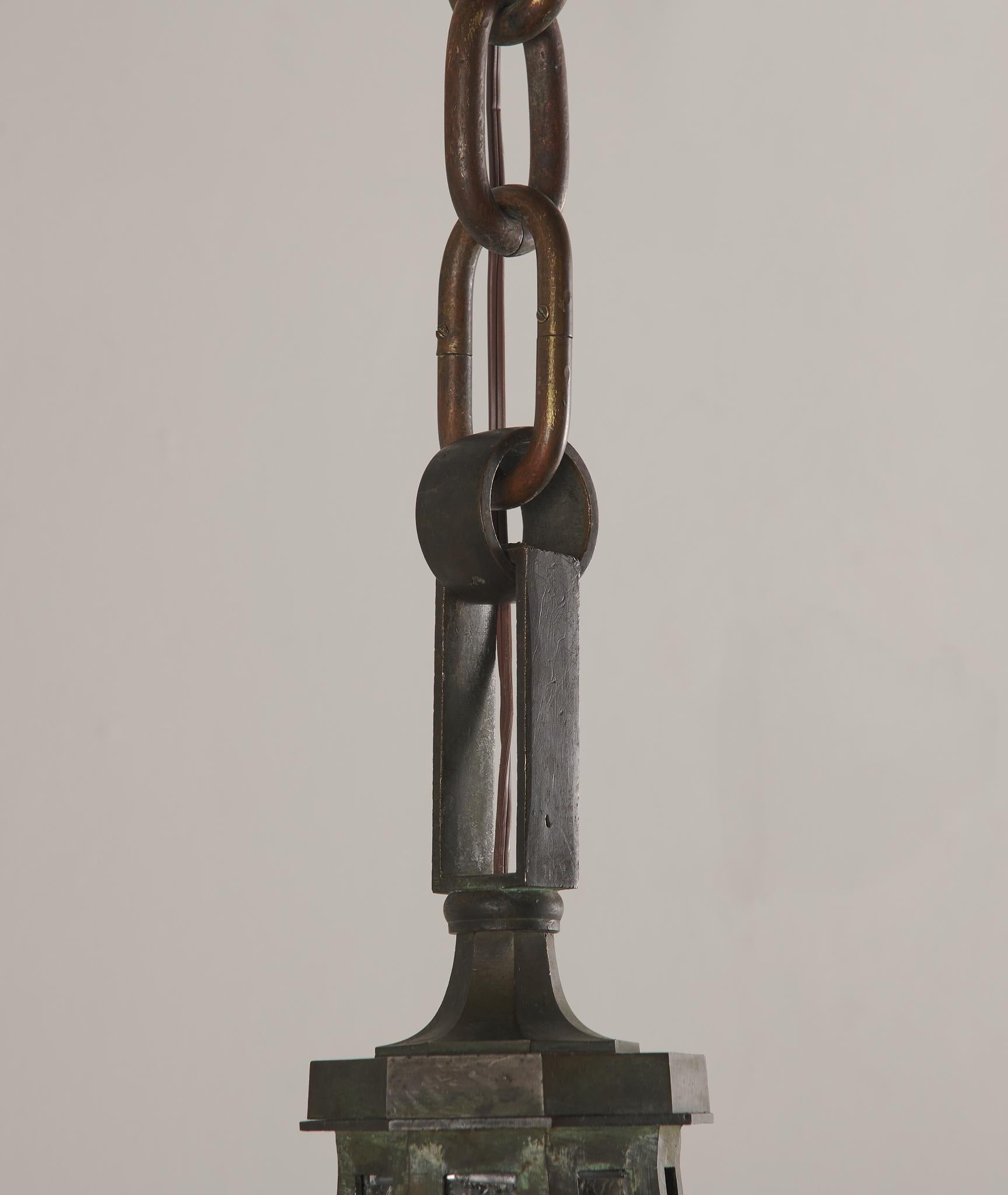 Cast Bronze and Stained Glass Craftsman Hanging Lamp c1900