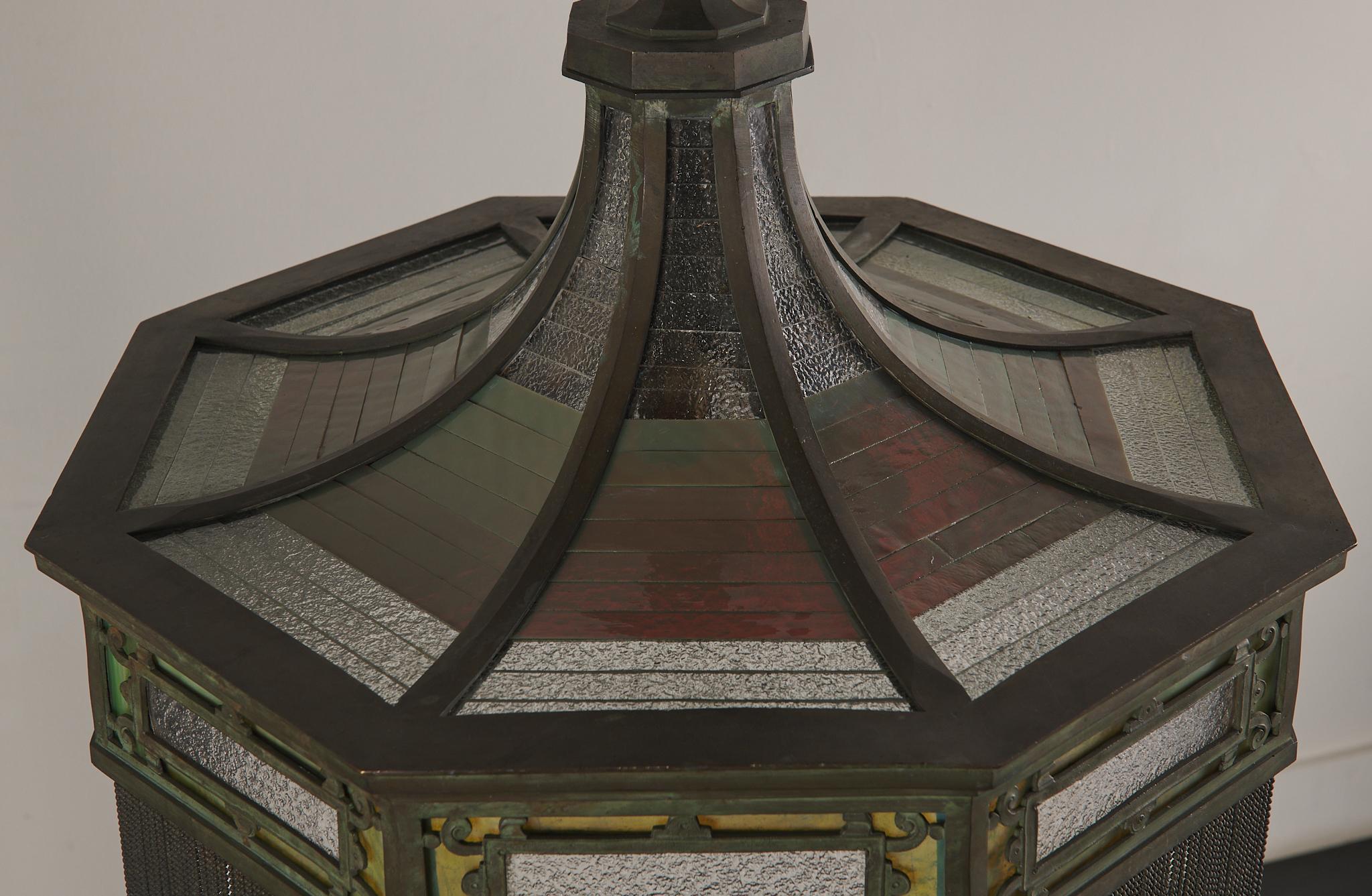 Bronze and Stained Glass Craftsman Hanging Lamp c1900 In Good Condition In Los Angeles, CA