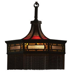 Bronze and Stained Glass Craftsman Hanging Lamp c1900