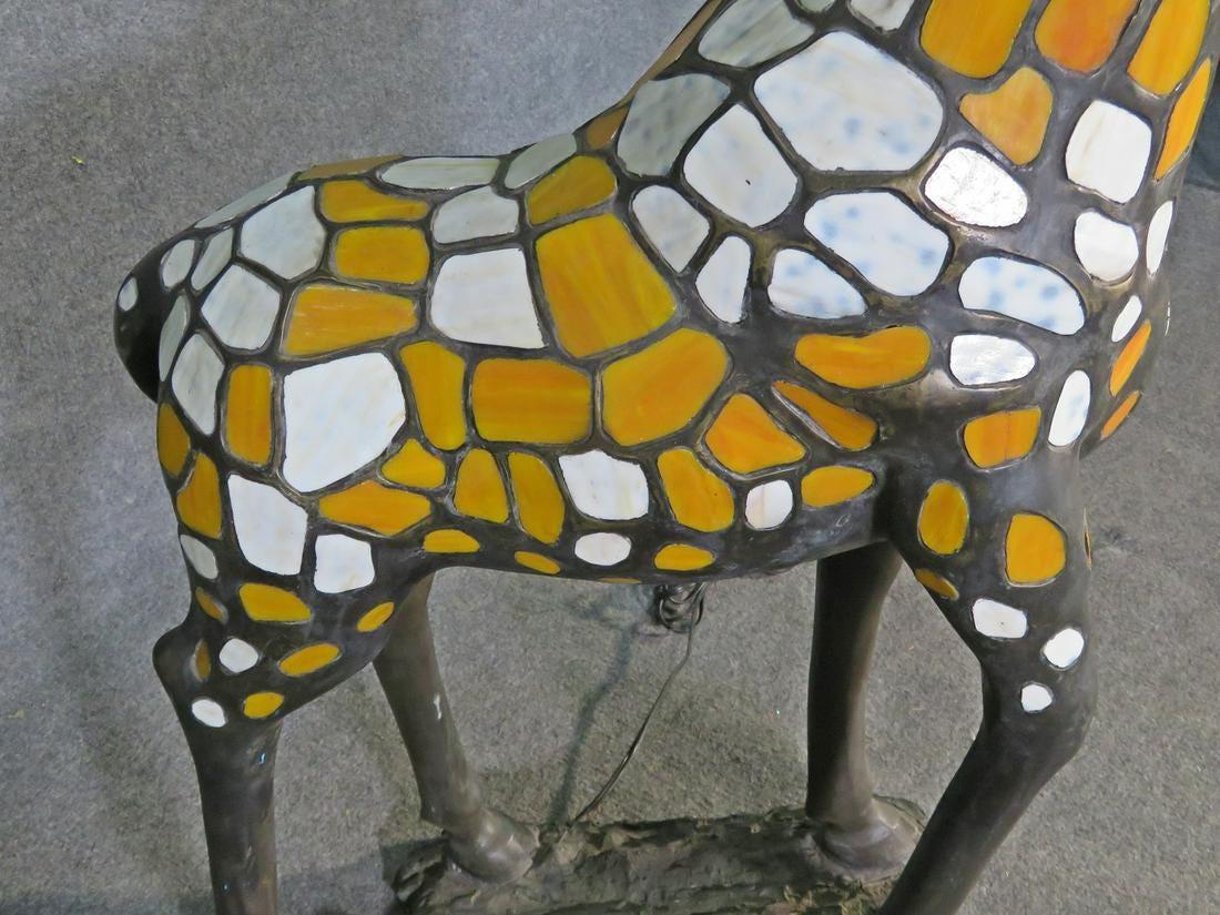 20th Century Bronze and Stained Glass Lighted Giraffe Floor Sculpture
