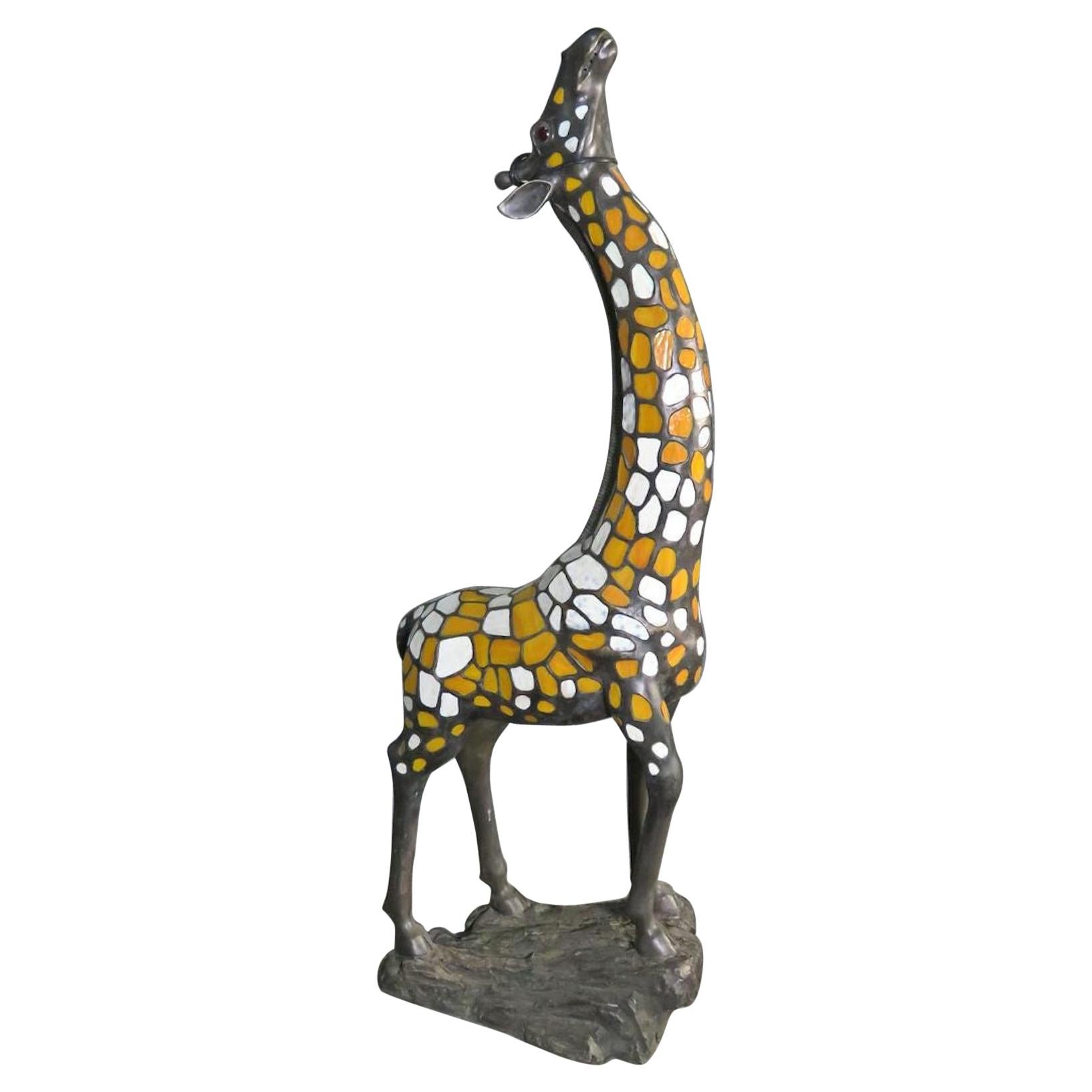 Bronze and Stained Glass Lighted Giraffe Floor Sculpture