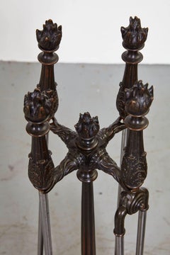 Bronze and Steel Flame Finial Firetools on Stand