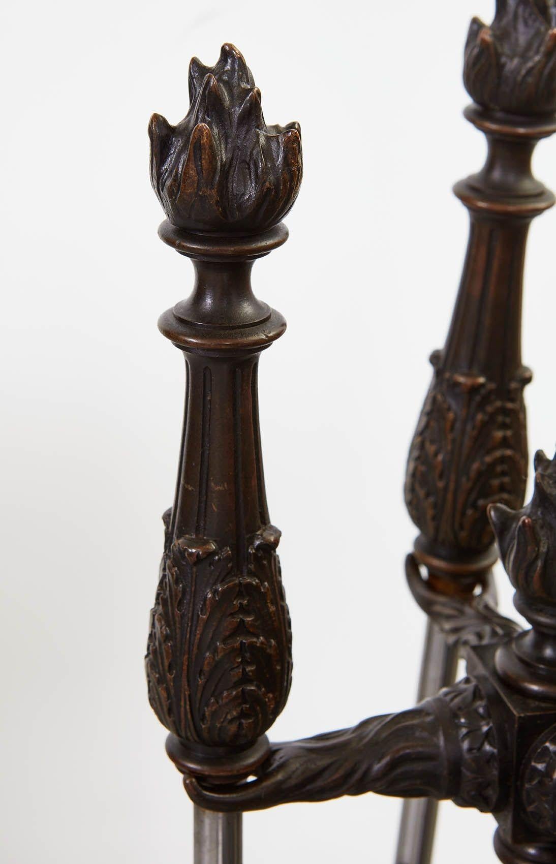 Early 20th Century Bronze and Steel Flame Finial Firetools on Stand For Sale