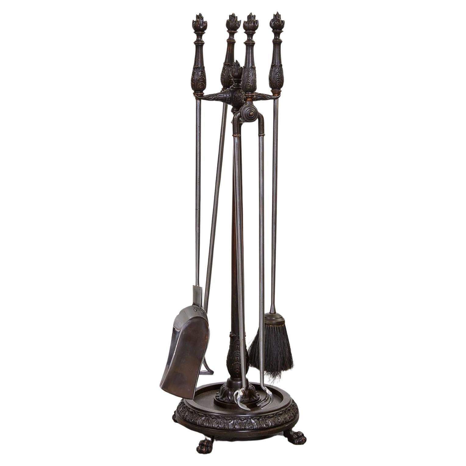 Bronze and Steel Flame Finial Firetools on Stand For Sale