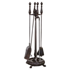 Antique Bronze and Steel Flame Finial Firetools on Stand