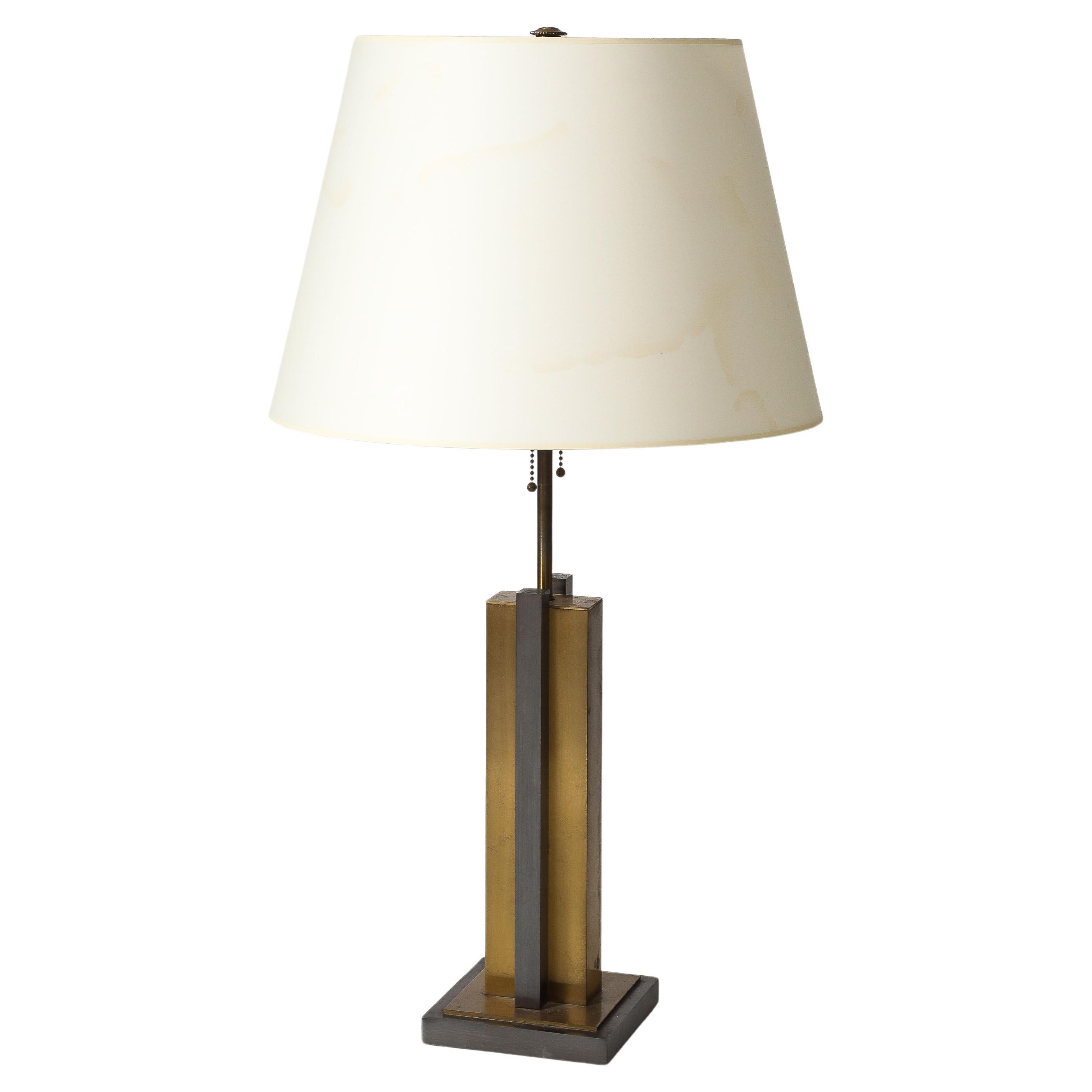 Lampe de bureau en bronze et acier, États-Unis, vers 1980