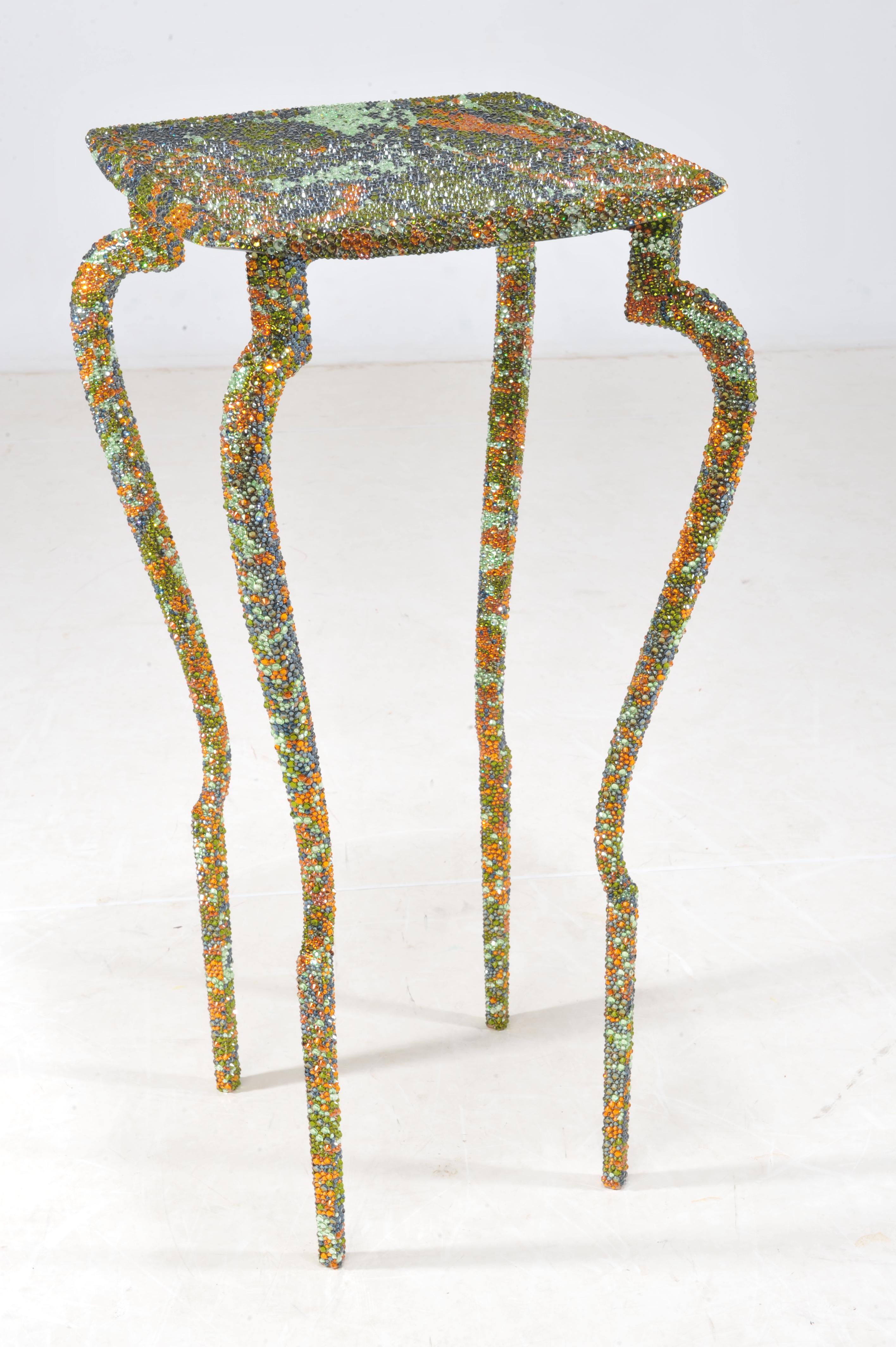Mark Brazier-Jones, Beluga end table, 2009, Bronze and Swarovski crystals, 40 x 40 x 88cm 

The Beluga end table is inspired by the sheer opulence of Russian 18th Century faceted metal furniture produced in Tula-a style of furniture that was