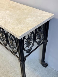 Bronze and Travertine Console Table with Paw Feet and Sun Design on Apron