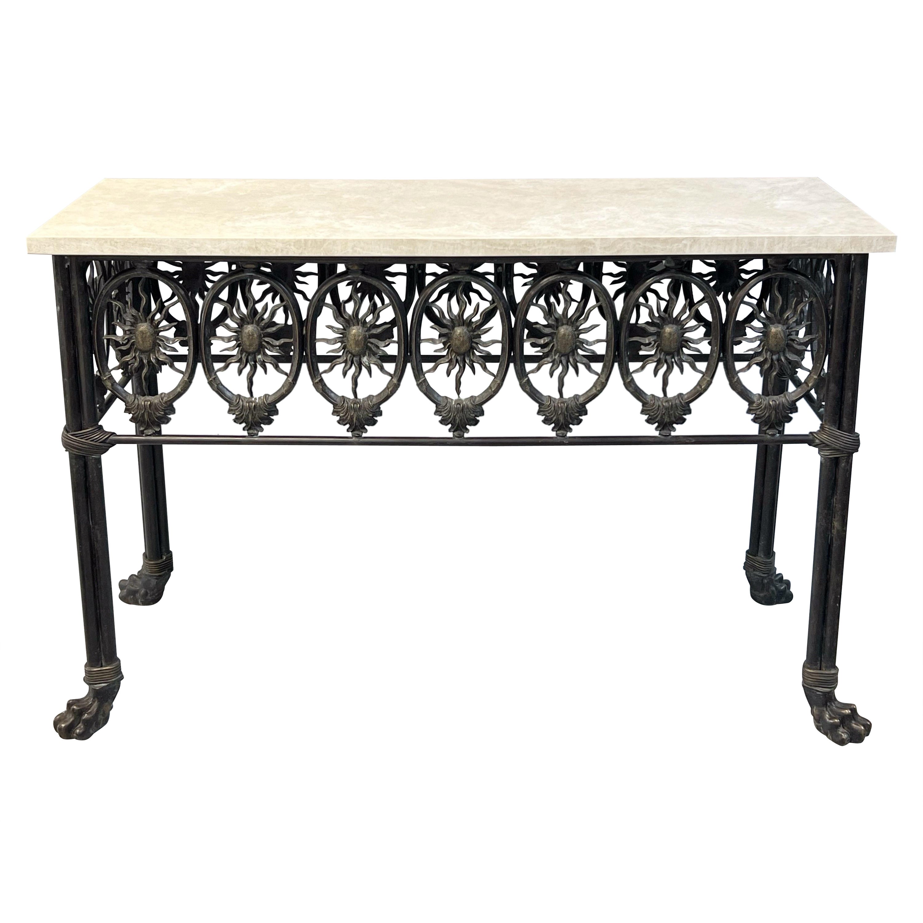 Mesa Consola de Bronce y Travertino con Patas y Diseño de Sol en el Delantal en venta