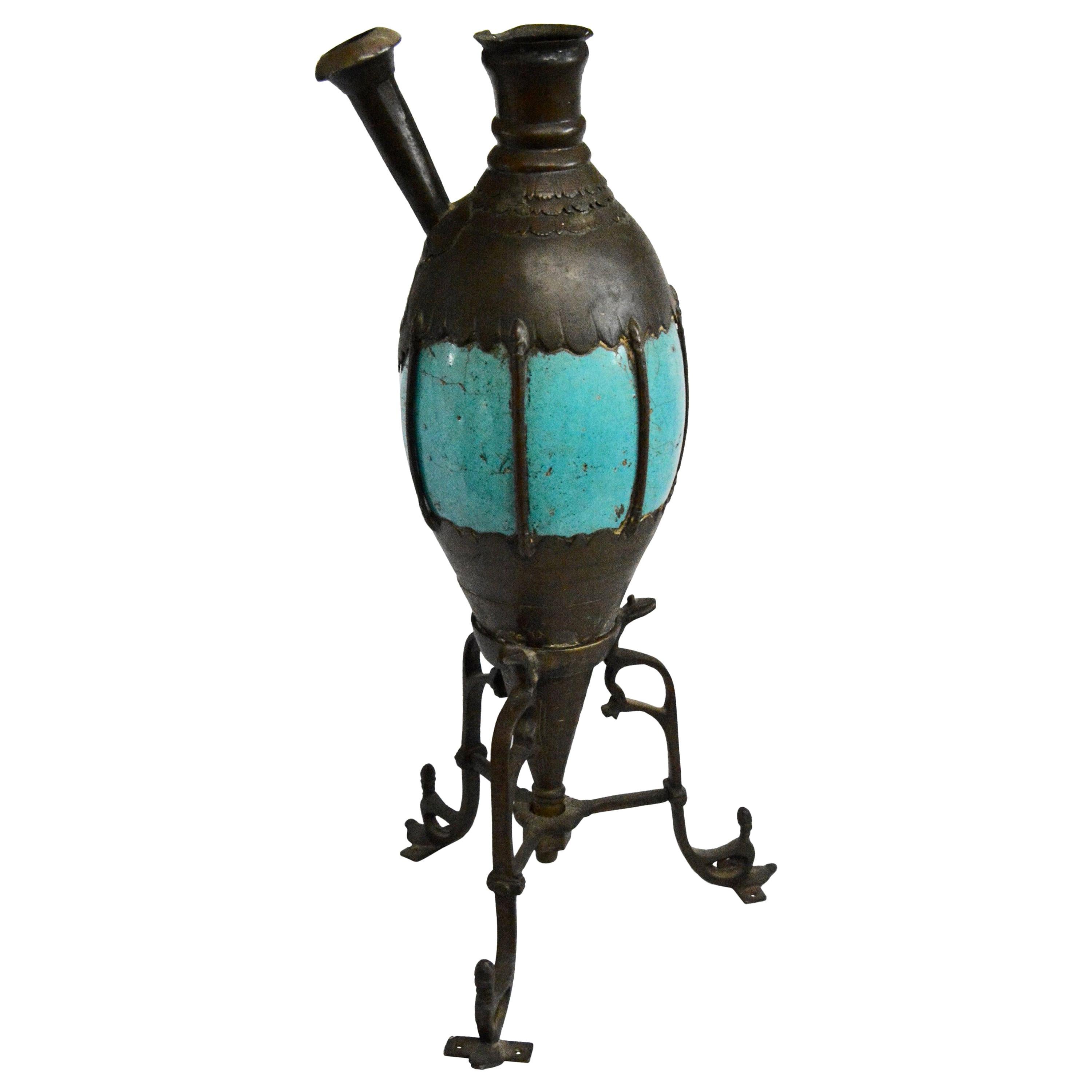 Bronze and Turquoise Ceramic Hookah Pipe, Late 19th Century For Sale