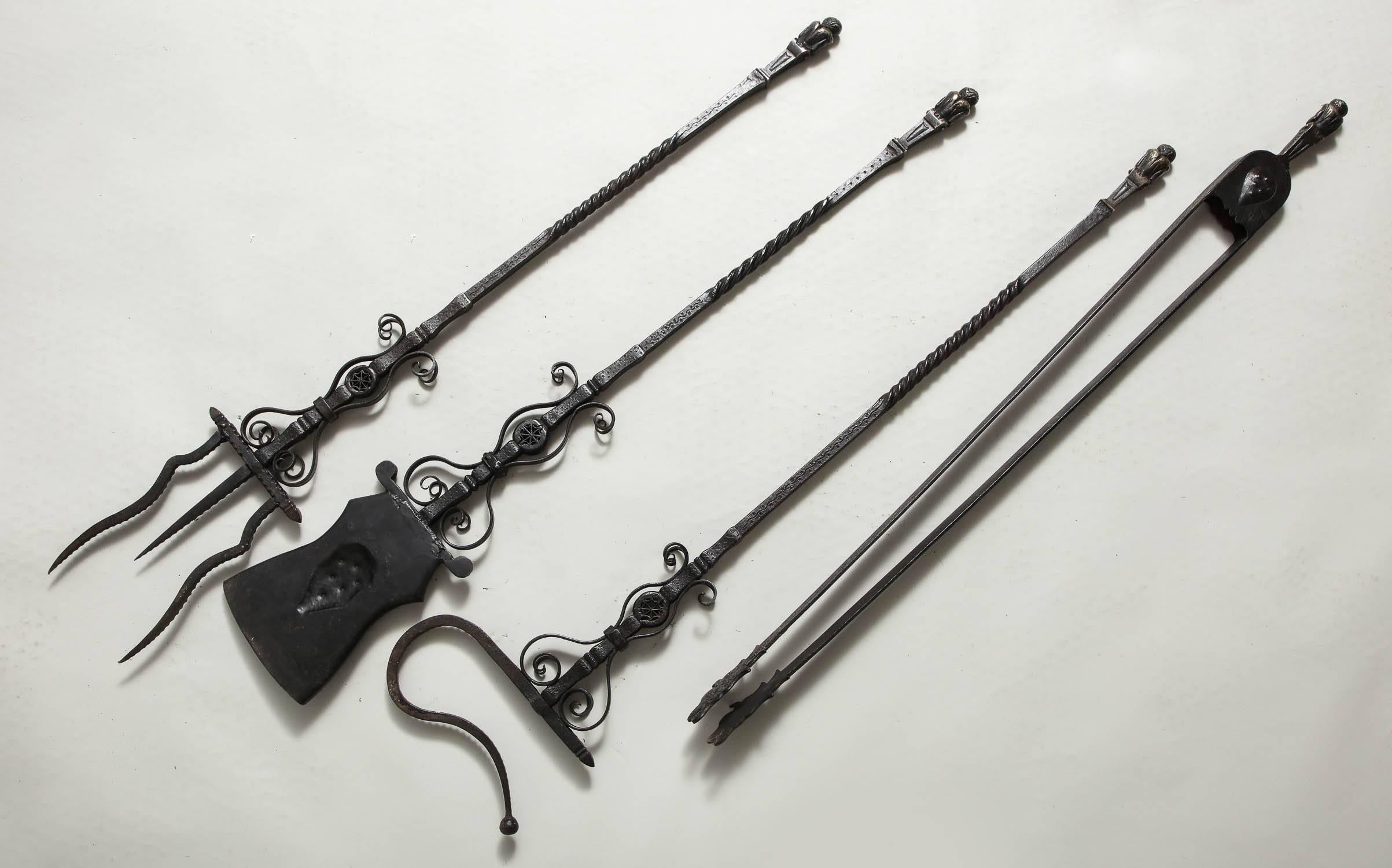 Important Set of Four Bronze and Wrought Iron Firetools 1