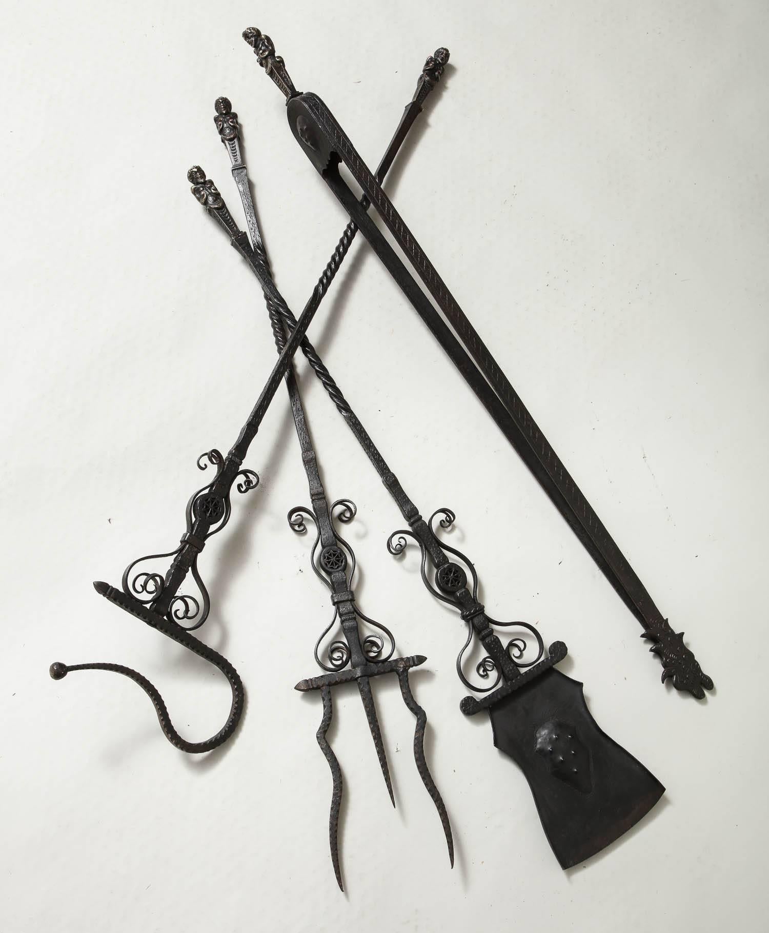 Important Set of Four Bronze and Wrought Iron Firetools 2