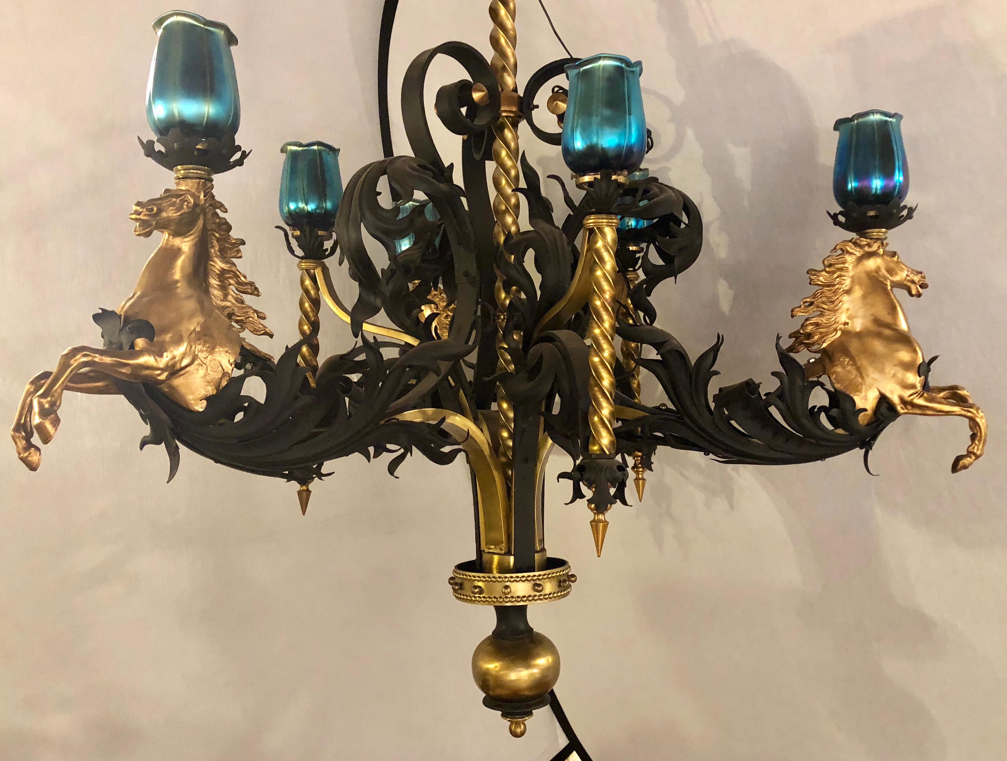 Country Bronze and Wrought Iron Palatial Stallions Chandelier with Quezal Style Shades