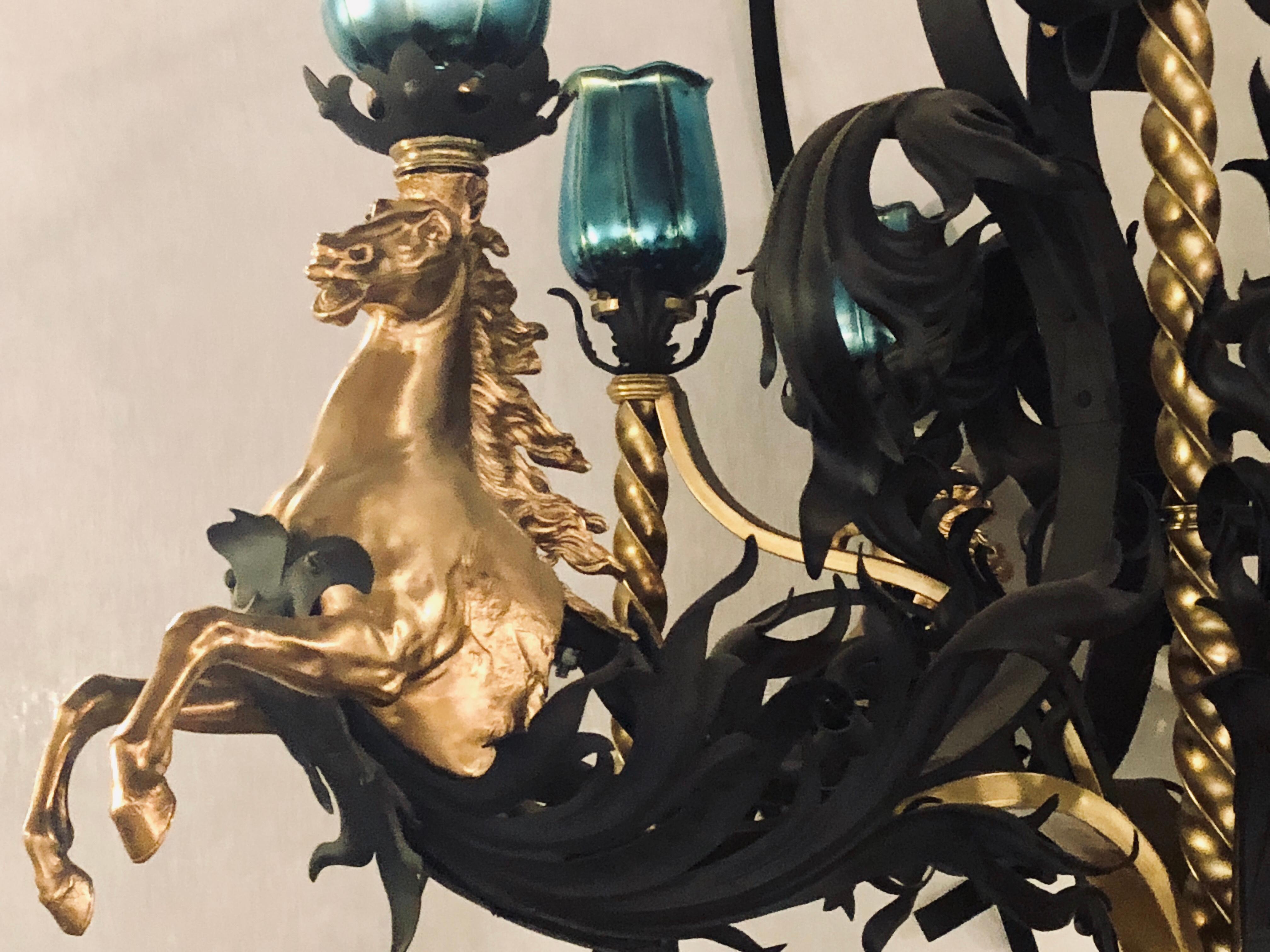 Bronze and Wrought Iron Palatial Stallions Chandelier with Quezal Style Shades 2