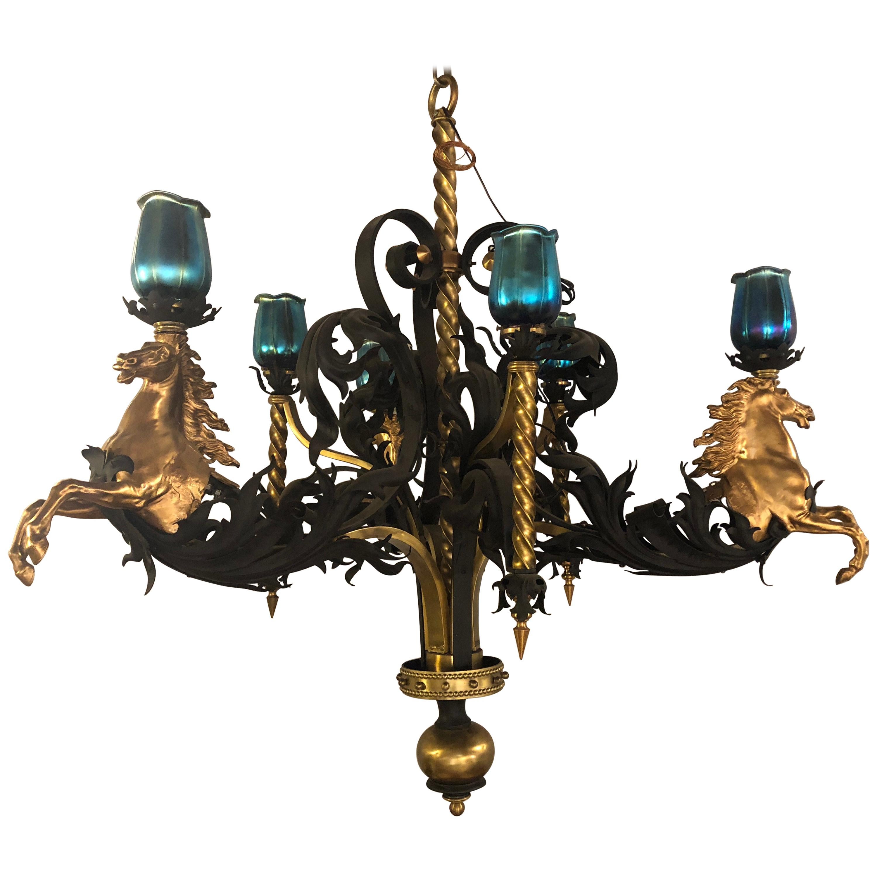 Bronze and Wrought Iron Palatial Stallions Chandelier with Quezal Style Shades