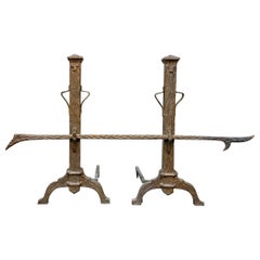 Bronze Andirons & Fire Poker Arts & Crafts Mission Era 1920's