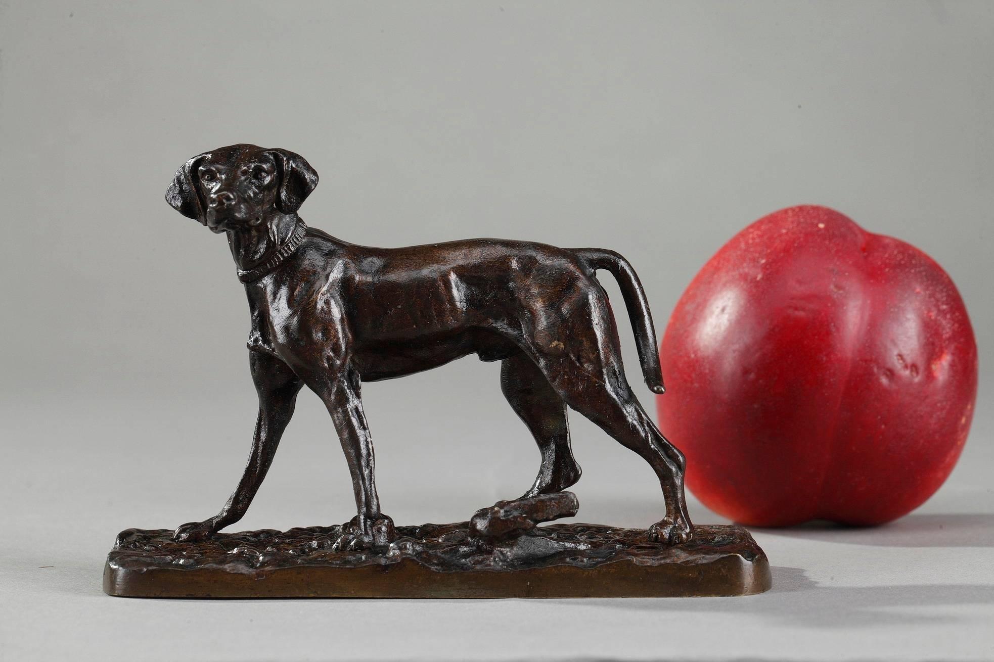 Small bronze animal sculpture with brown patina featuring a spaniel set atop a naturalistic base. The spaniel is a hunting dog developed to assist hunters in finding and retrieving game, usually birds. Signed on the base: P.J. MENE. Antique bronze