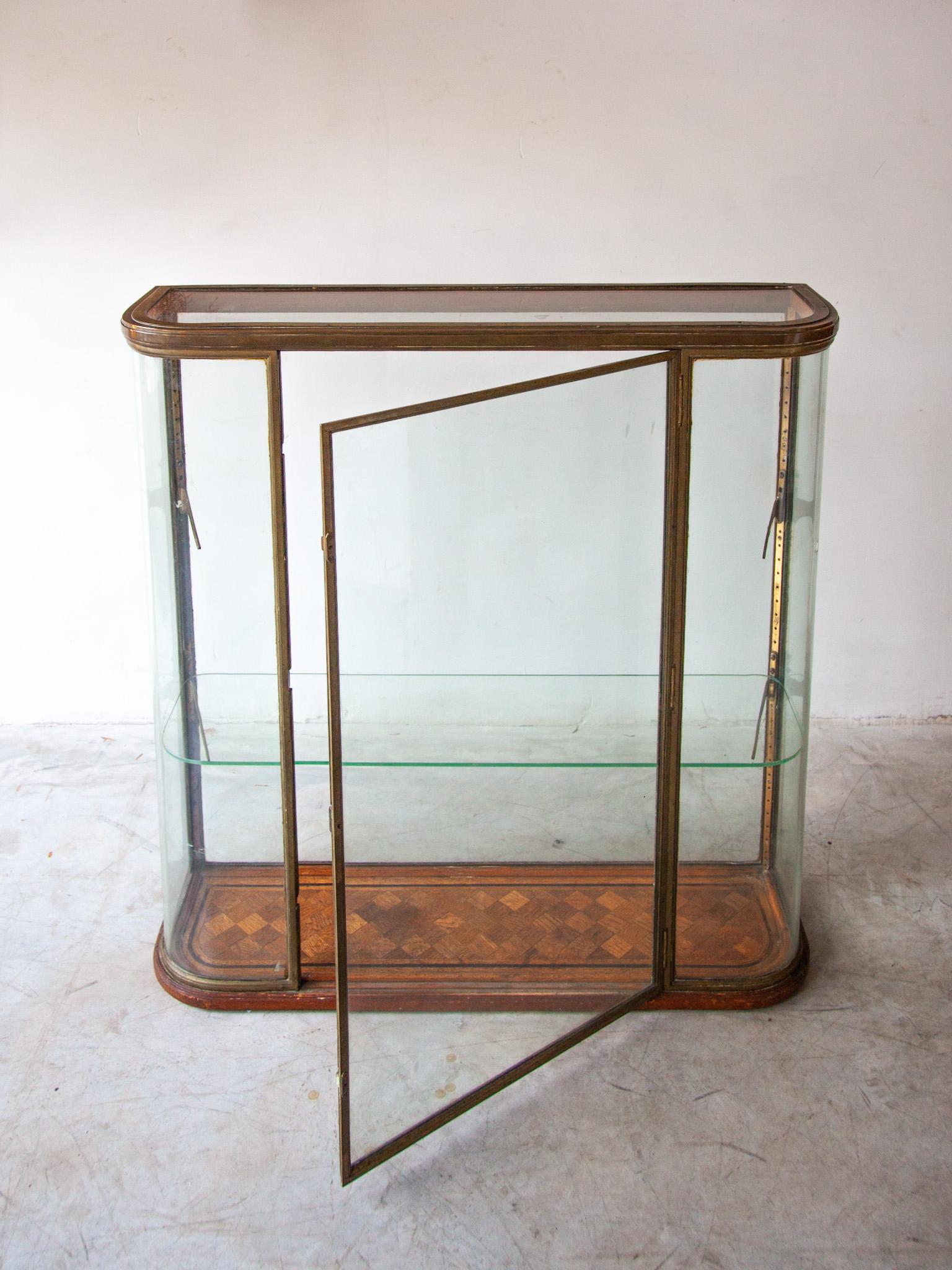 Victorian Bronze Antique Counter Display, Vitrine in Glass with Curved Panels, France