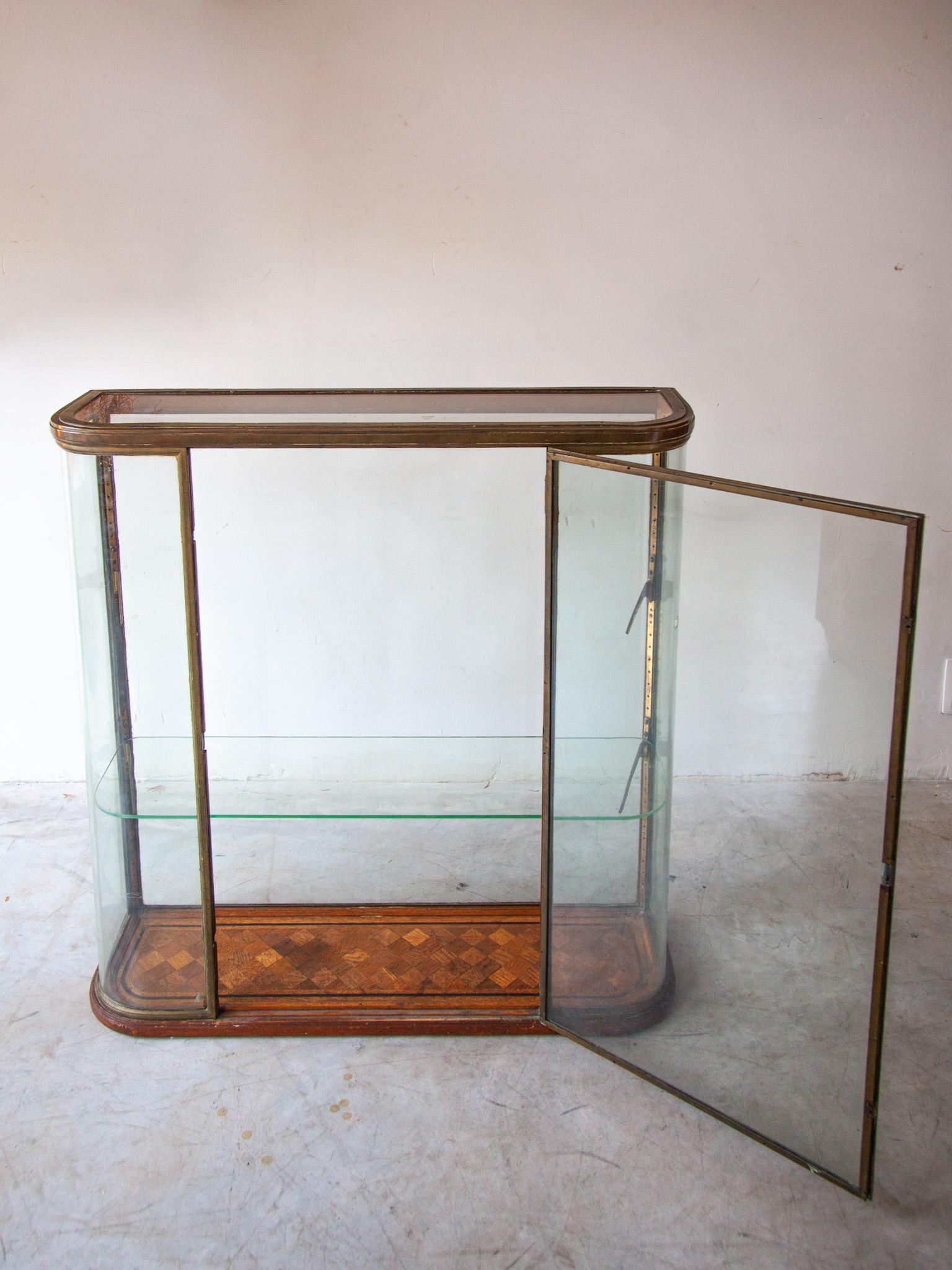 French Bronze Antique Counter Display, Vitrine in Glass with Curved Panels, France