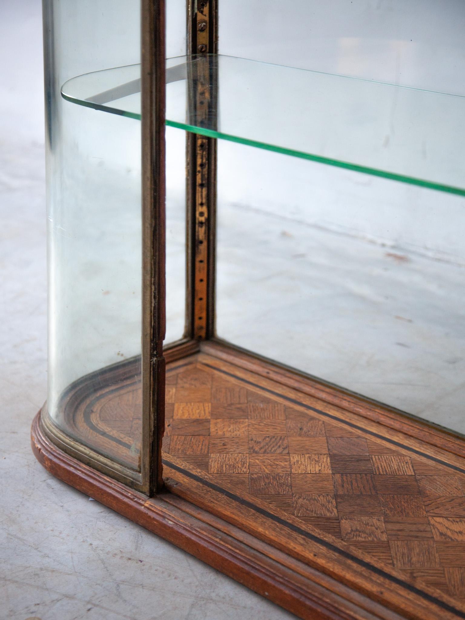 Hand-Crafted Bronze Antique Counter Display, Vitrine in Glass with Curved Panels, France