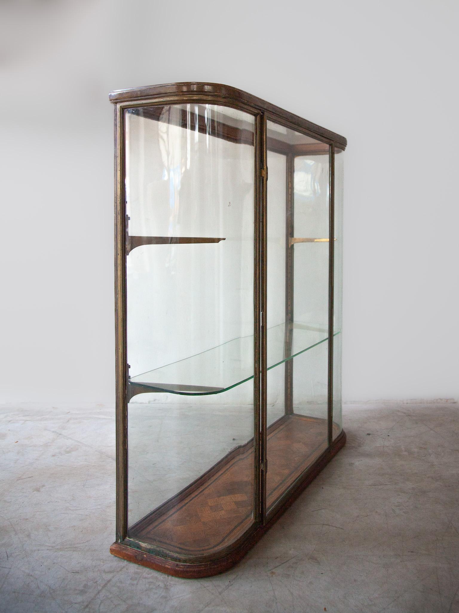 19th Century Bronze Antique Counter Display, Vitrine in Glass with Curved Panels, France