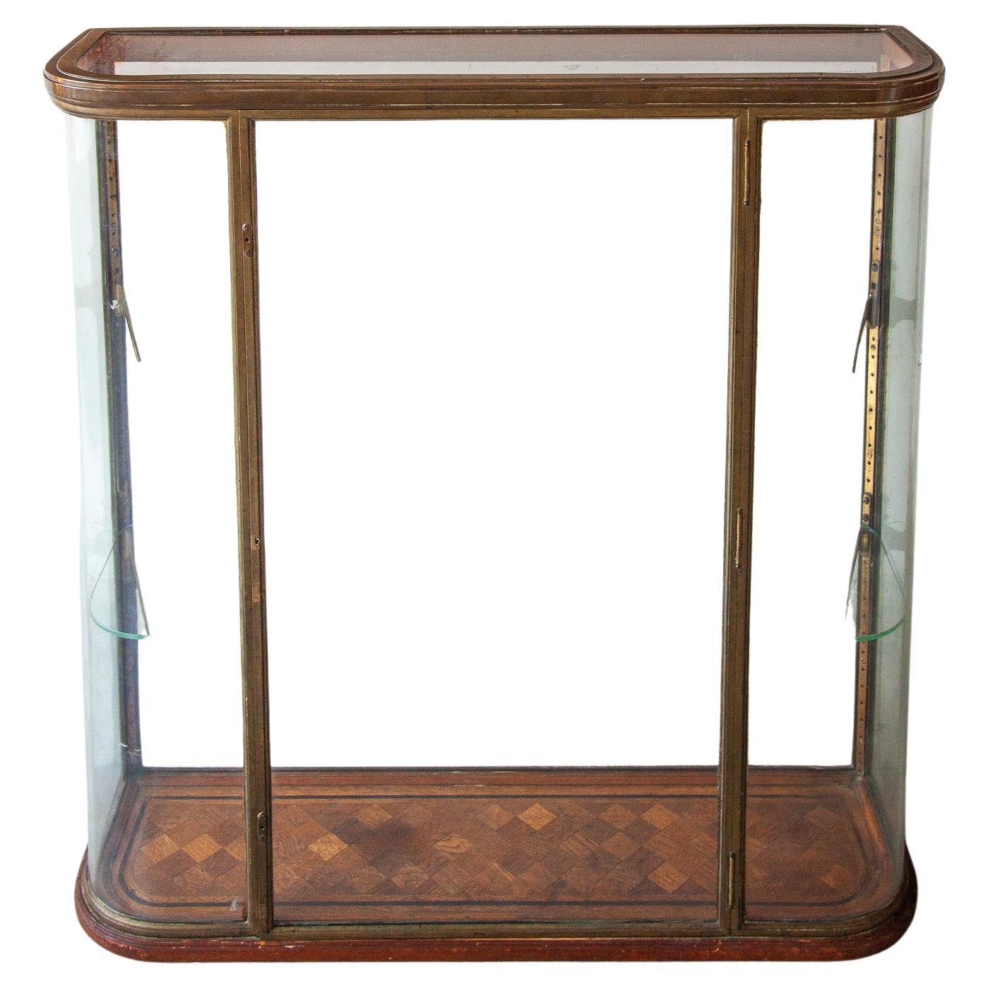 Bronze Antique Counter Display, Vitrine in Glass with Curved Panels, France