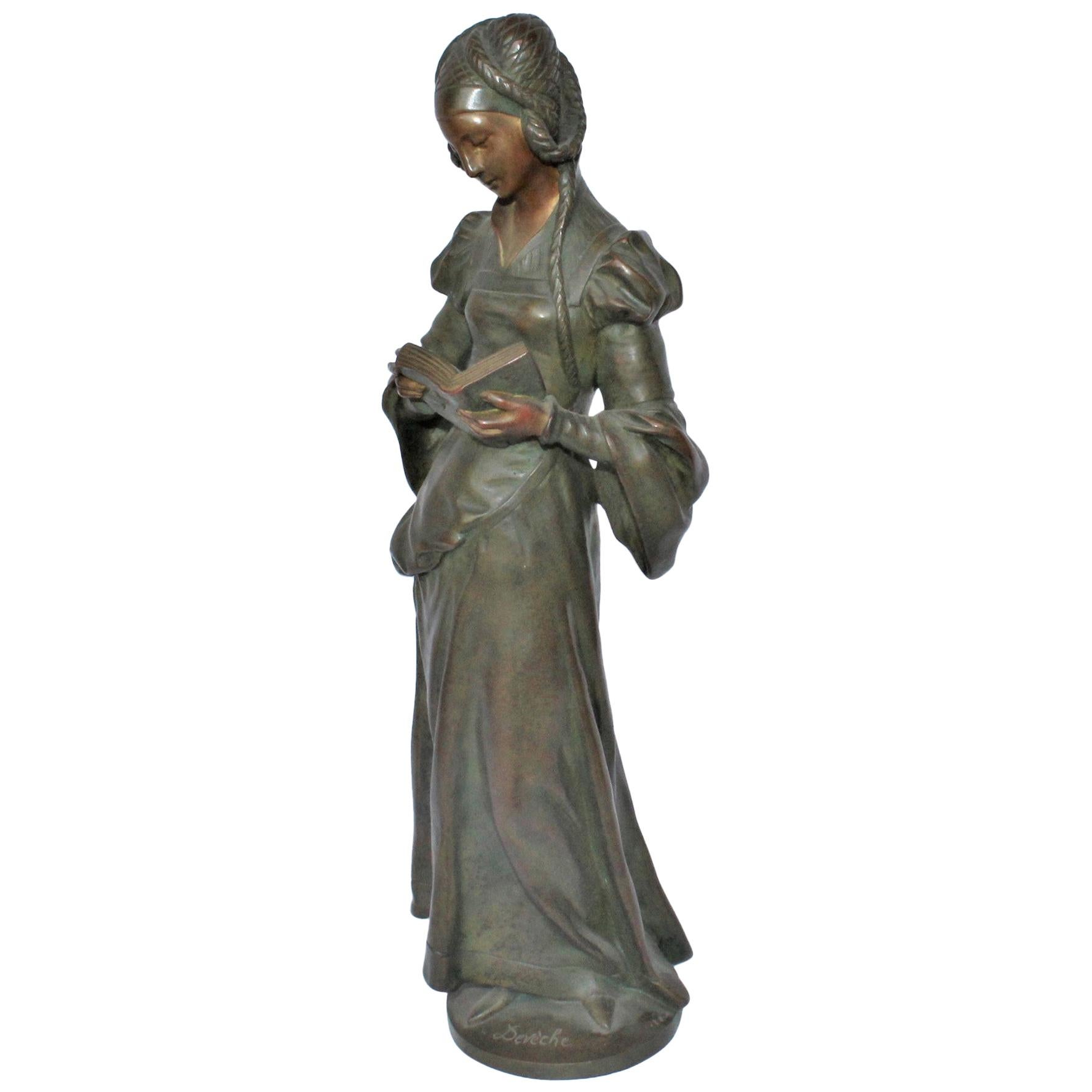 Bronze Antique Elegant Lady Reading a Book, Late 1890s