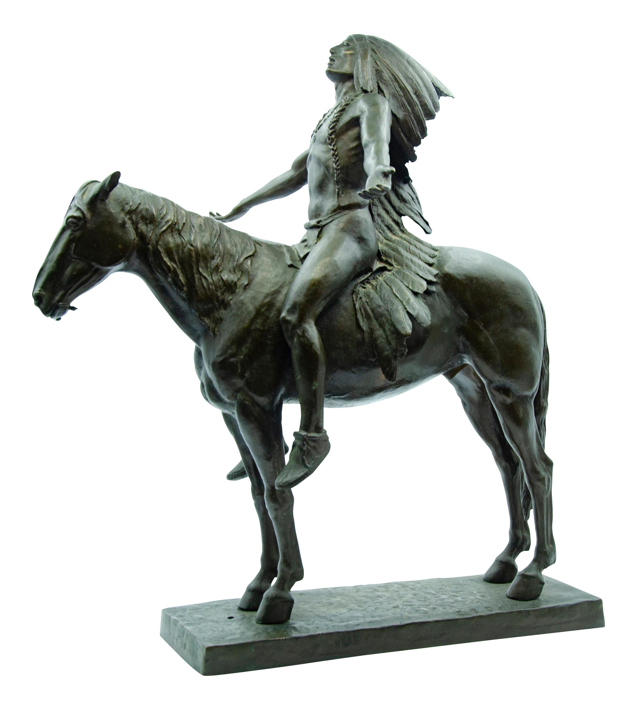 A large version is outside the Museum Of Fine Arts in Boston. Signed C.E Dallin on base. This bronze was made in three sizes. Cyrus Edwin Dallin 1861-1944. Depicting a mounted indian chief with arms spread.