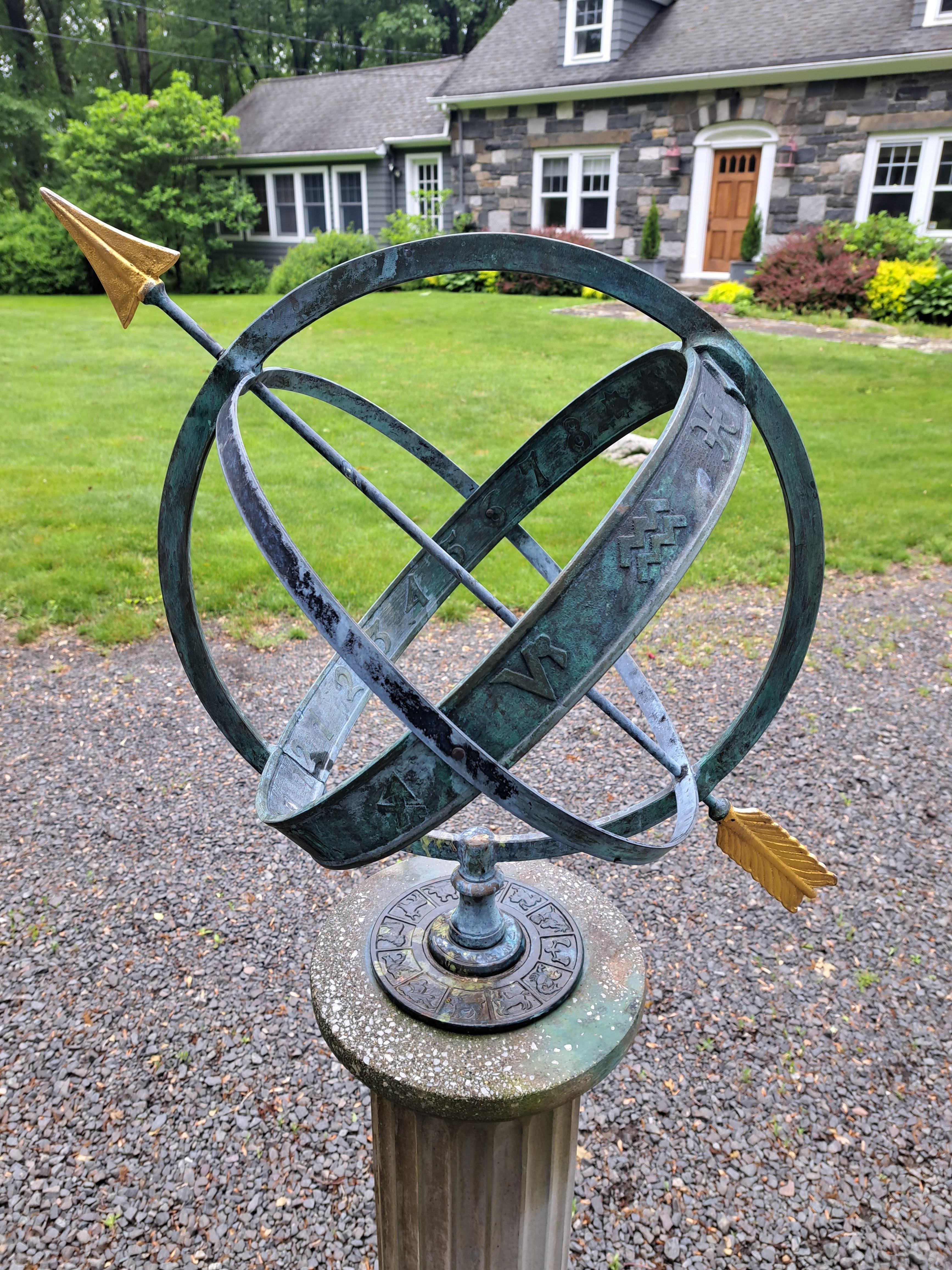 Bronze Armillary Sundial on Cast Stone Base For Sale 5