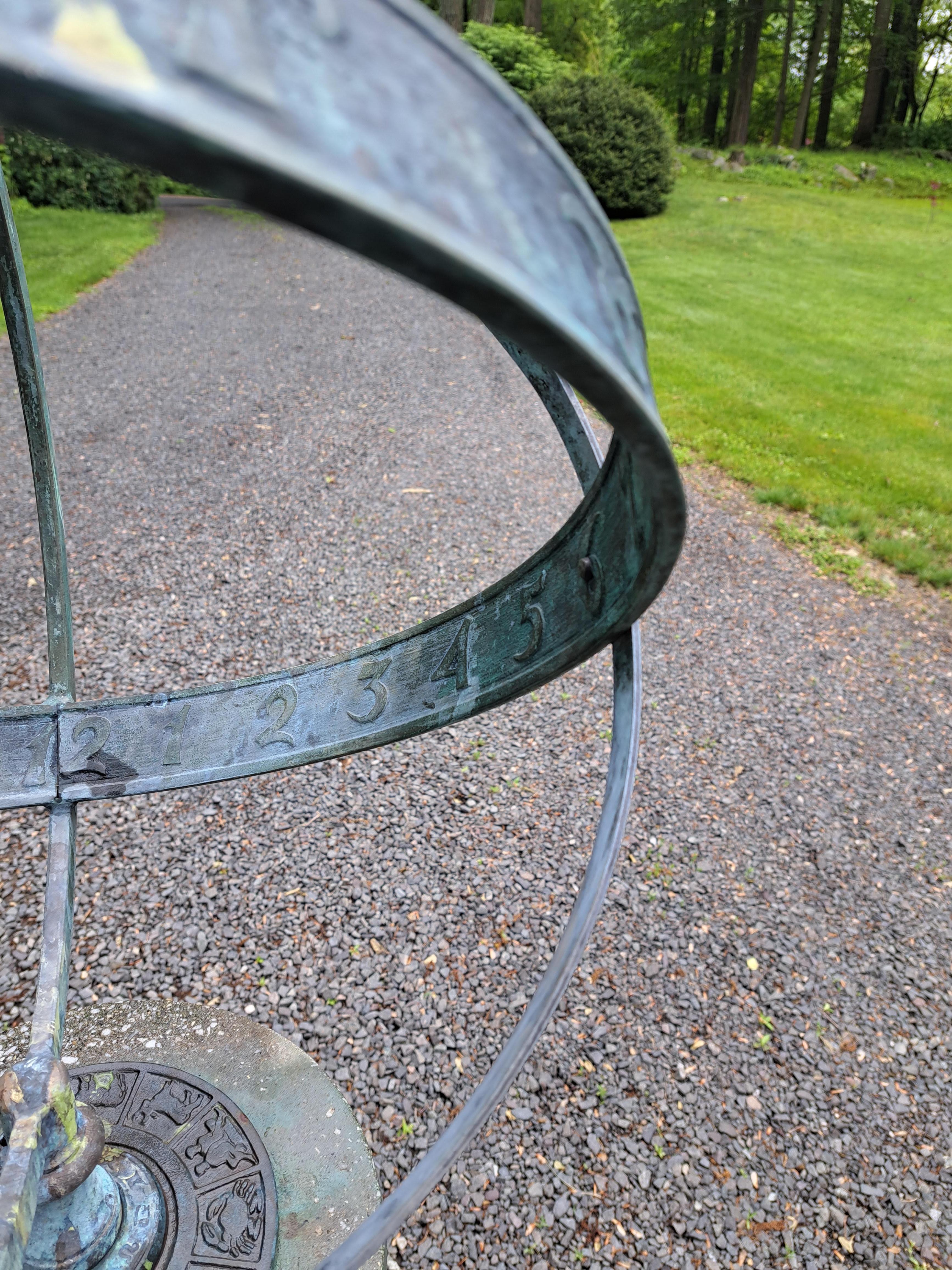 Bronze Armillary Sundial on Cast Stone Base For Sale 6