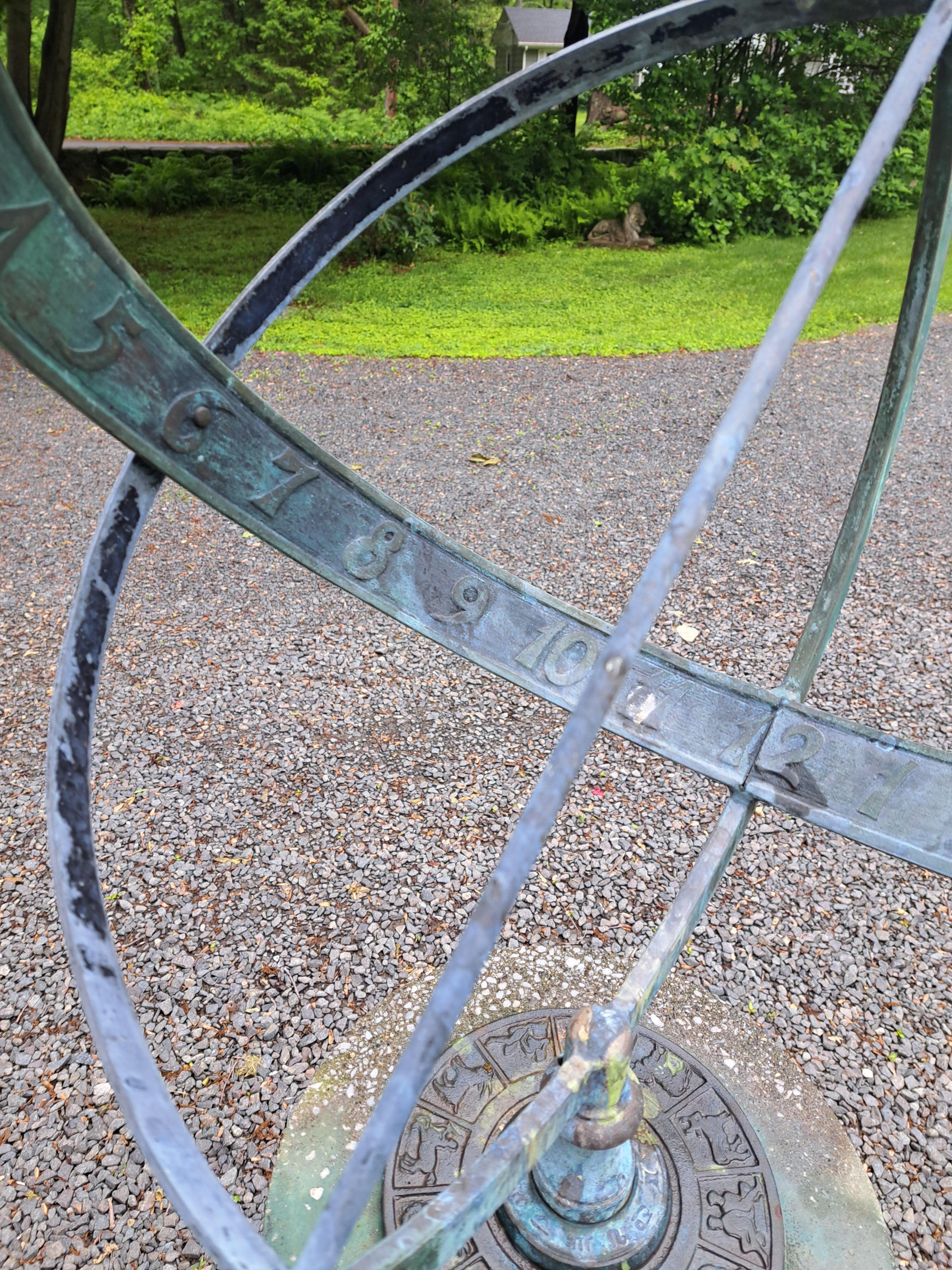 Bronze Armillary Sundial on Cast Stone Base For Sale 7