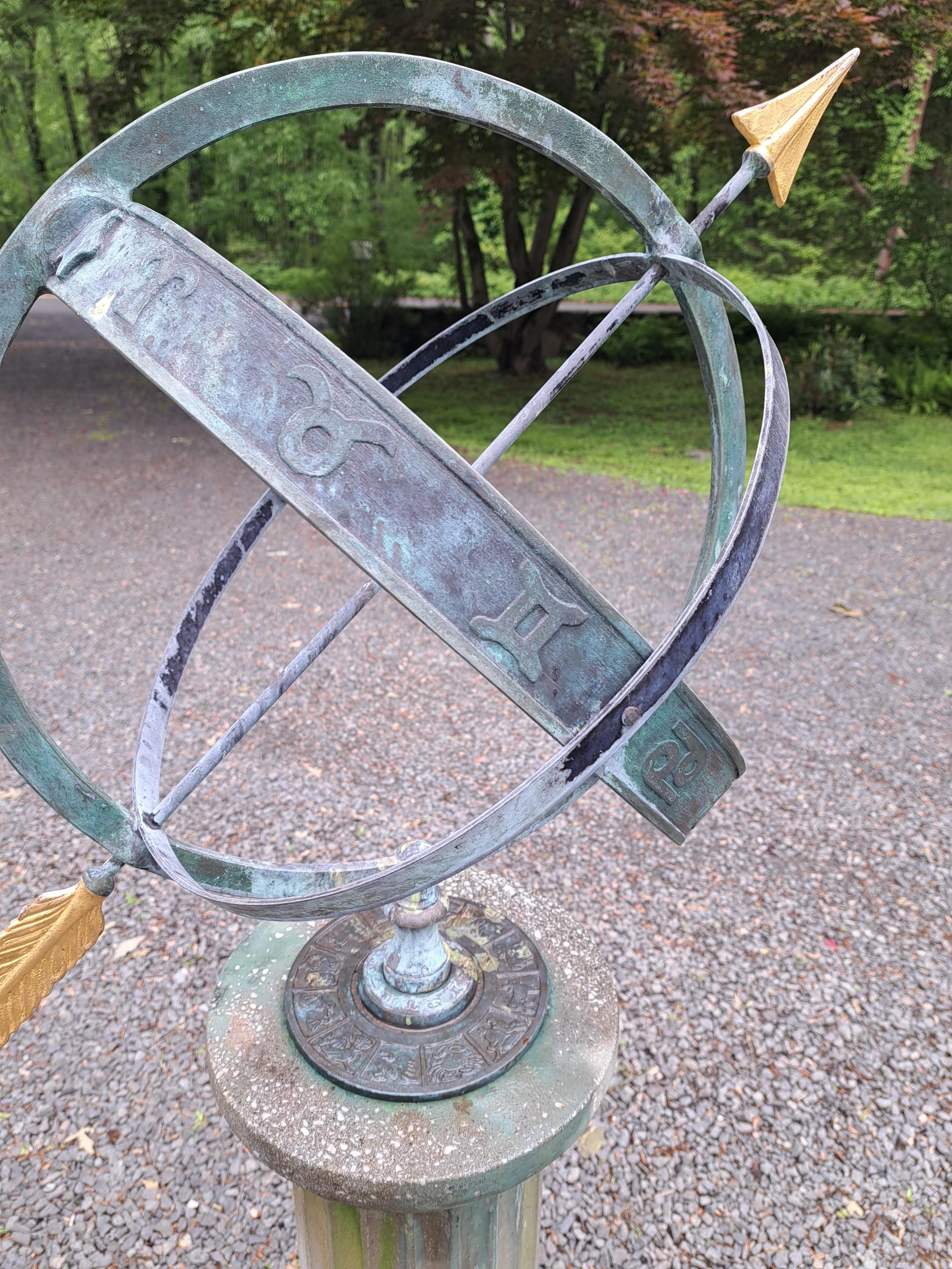 Bronze Armillary Sundial on Cast Stone Base For Sale 8