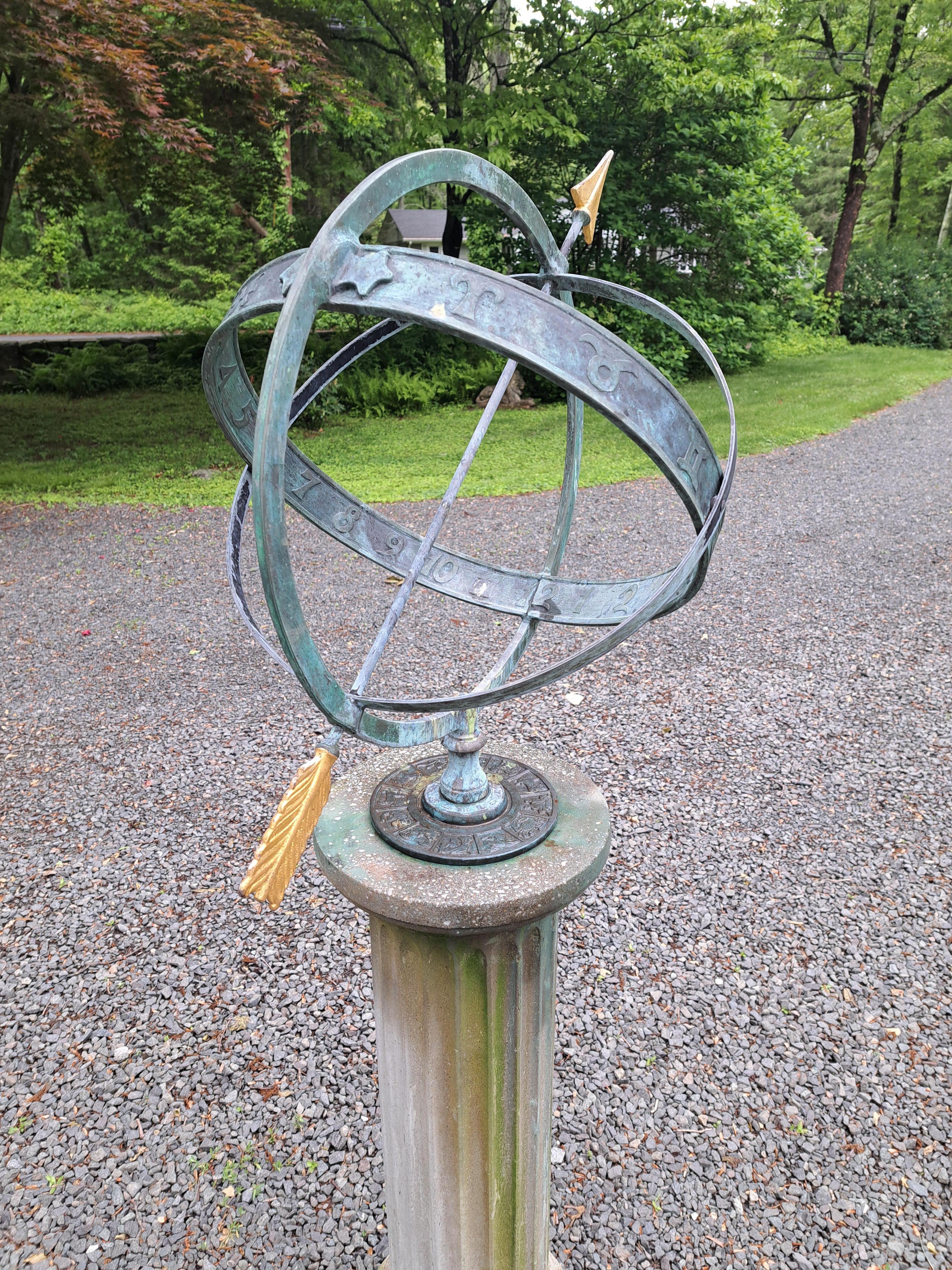 Bronze Armillary Sundial on Cast Stone Base For Sale 9