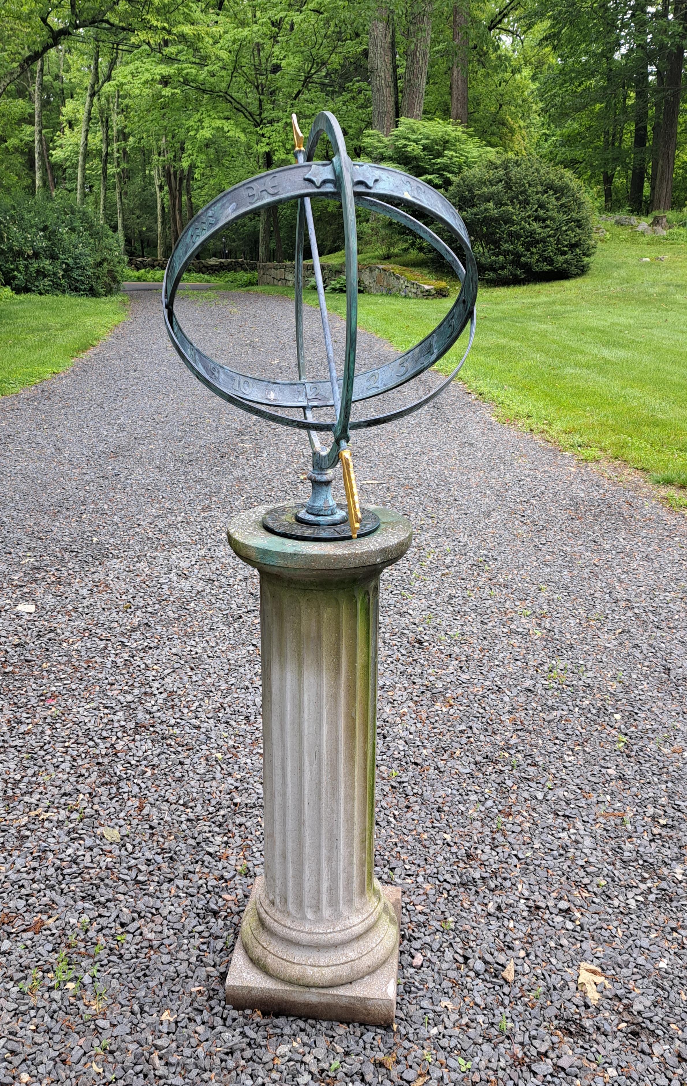 American Bronze Armillary Sundial on Cast Stone Base For Sale