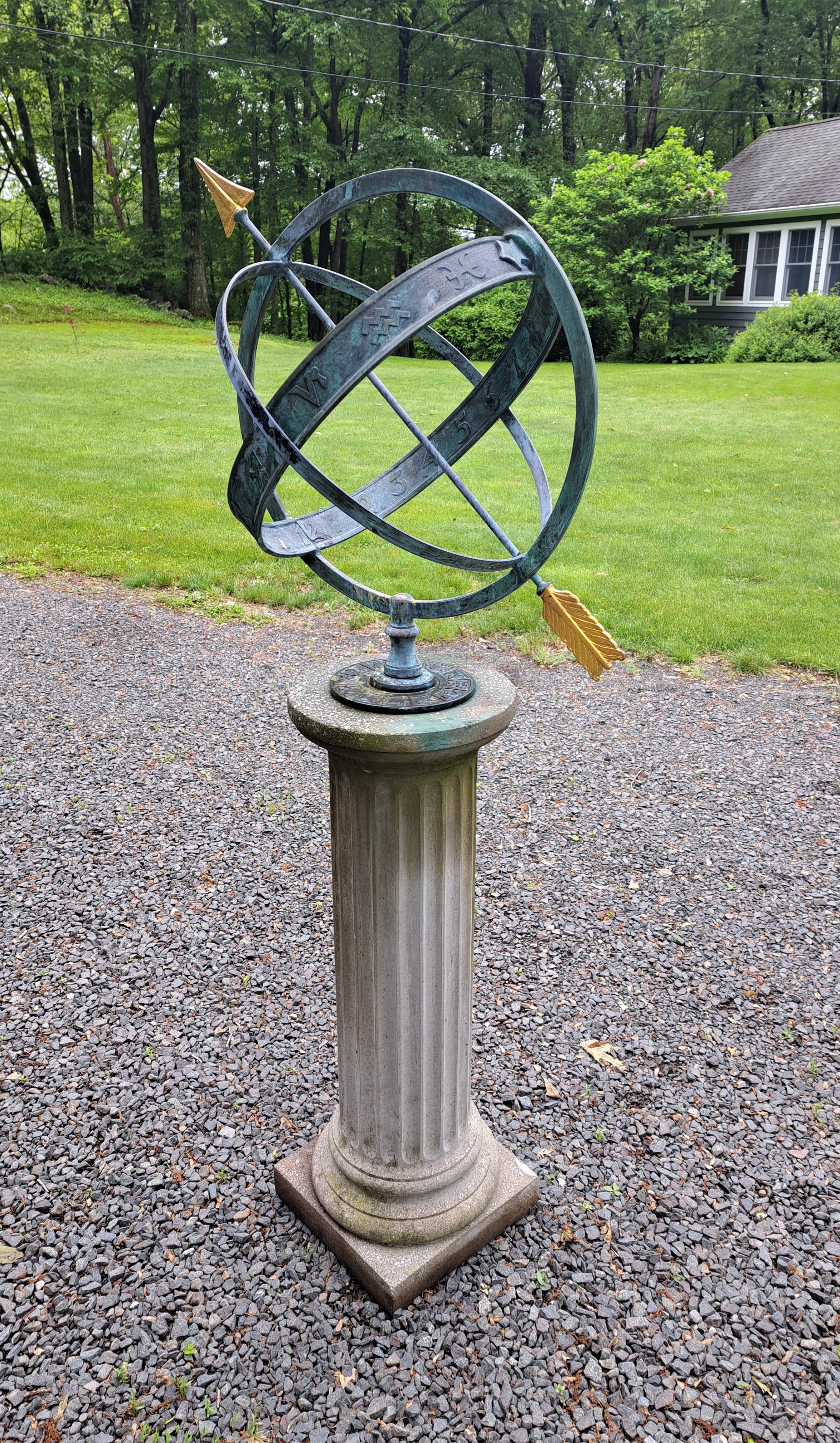Bronze Armillary Sundial on Cast Stone Base In Good Condition For Sale In Newtown, CT