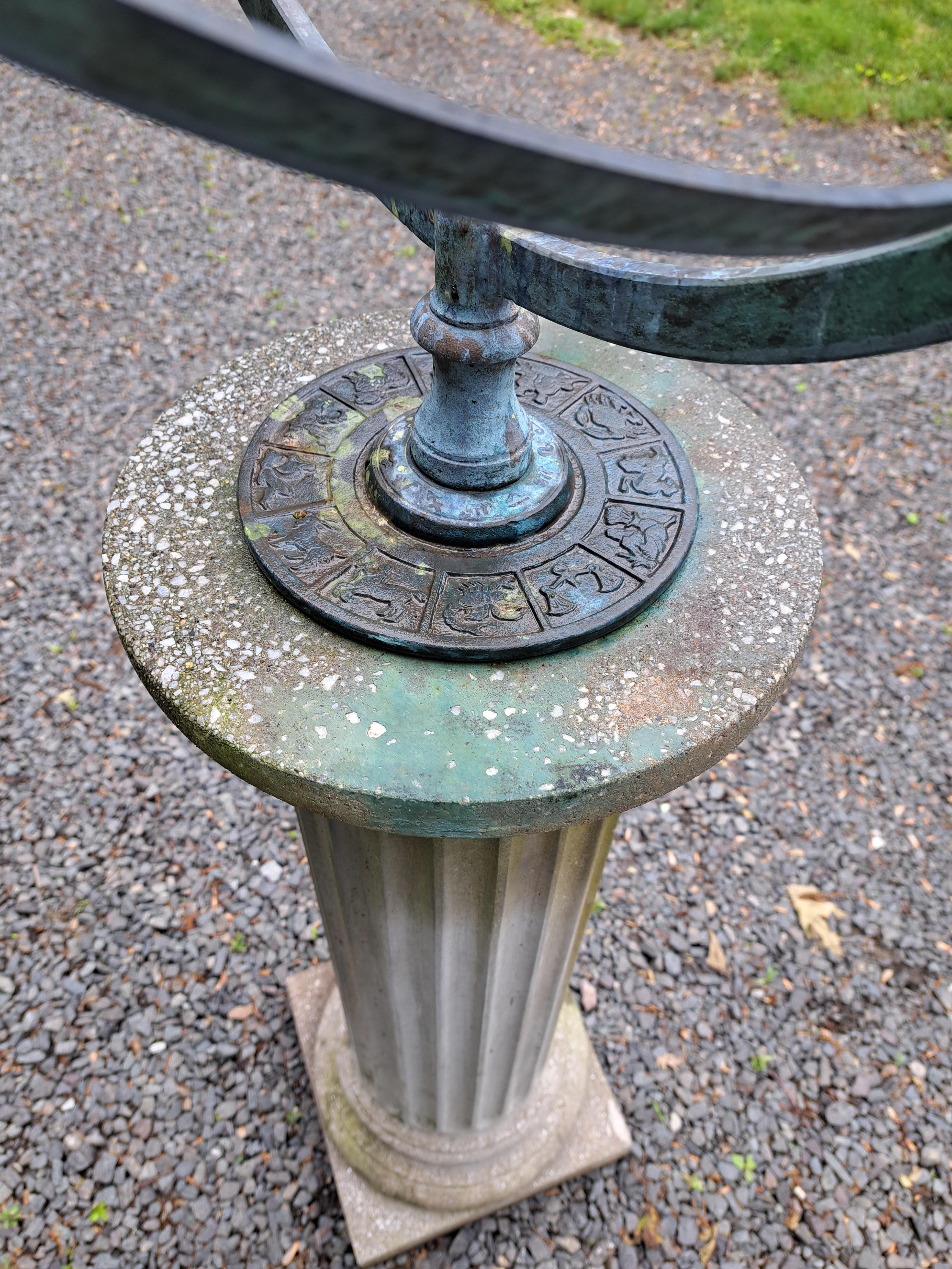 Bronze Armillary Sundial on Cast Stone Base For Sale 3