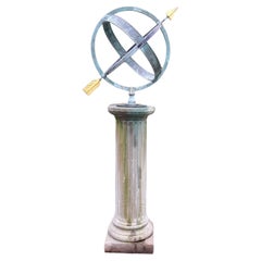 Vintage Bronze Armillary Sundial on Cast Stone Base