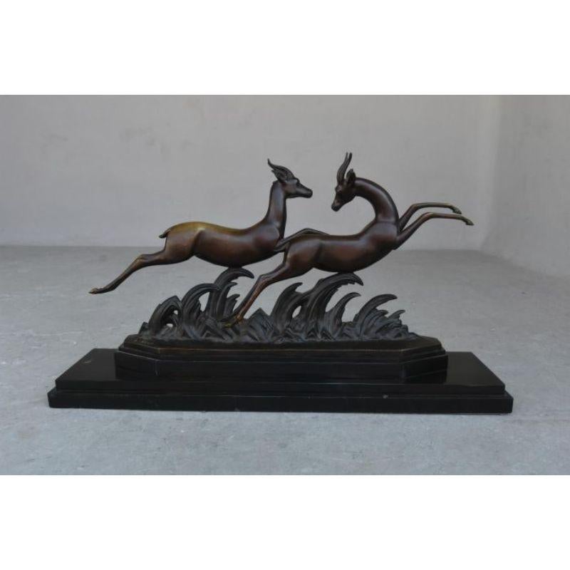 Bronze Art Deco 1930 Black Marble Base with Gazelles by Alliot In Good Condition For Sale In Marseille, FR