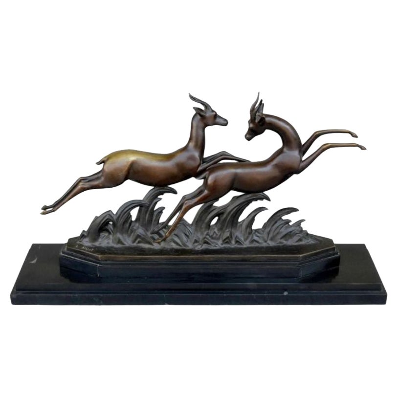 Base in bronzo Art Deco 1930 in marmo nero con gazzelle di Alliot