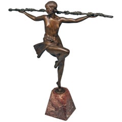 Bronze Art Deco Bacchanalian Lady Nude Dancing by Pierre Le Faguays, circa 1935